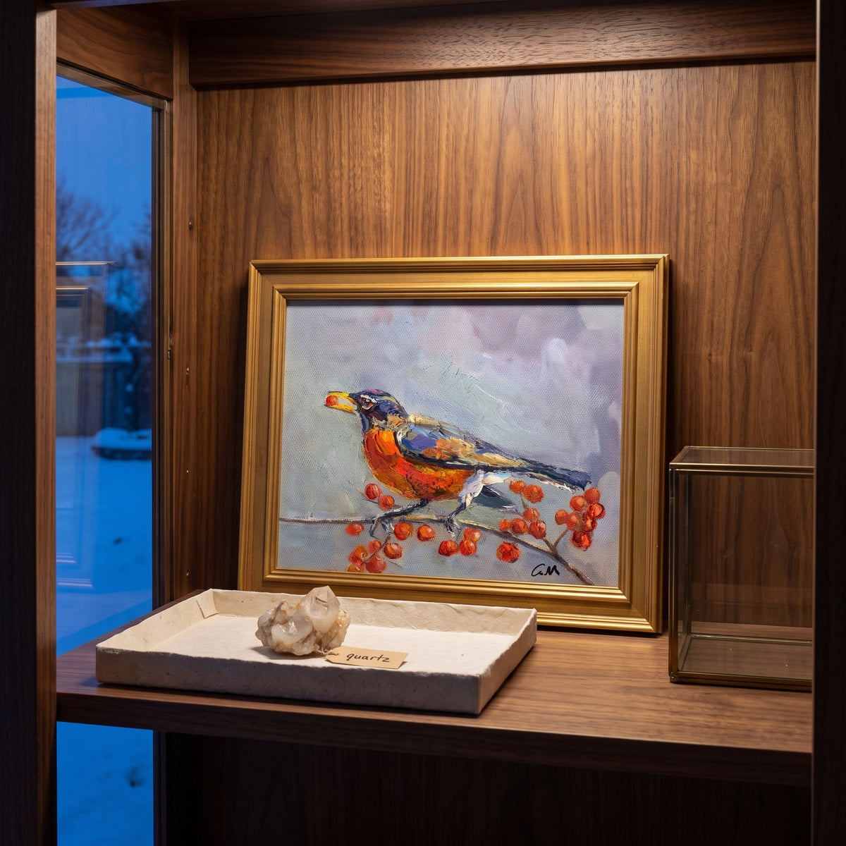 Mid-century modern study — Original Impressionist bird painting adds vibrant color and natural charm to warm wood interior