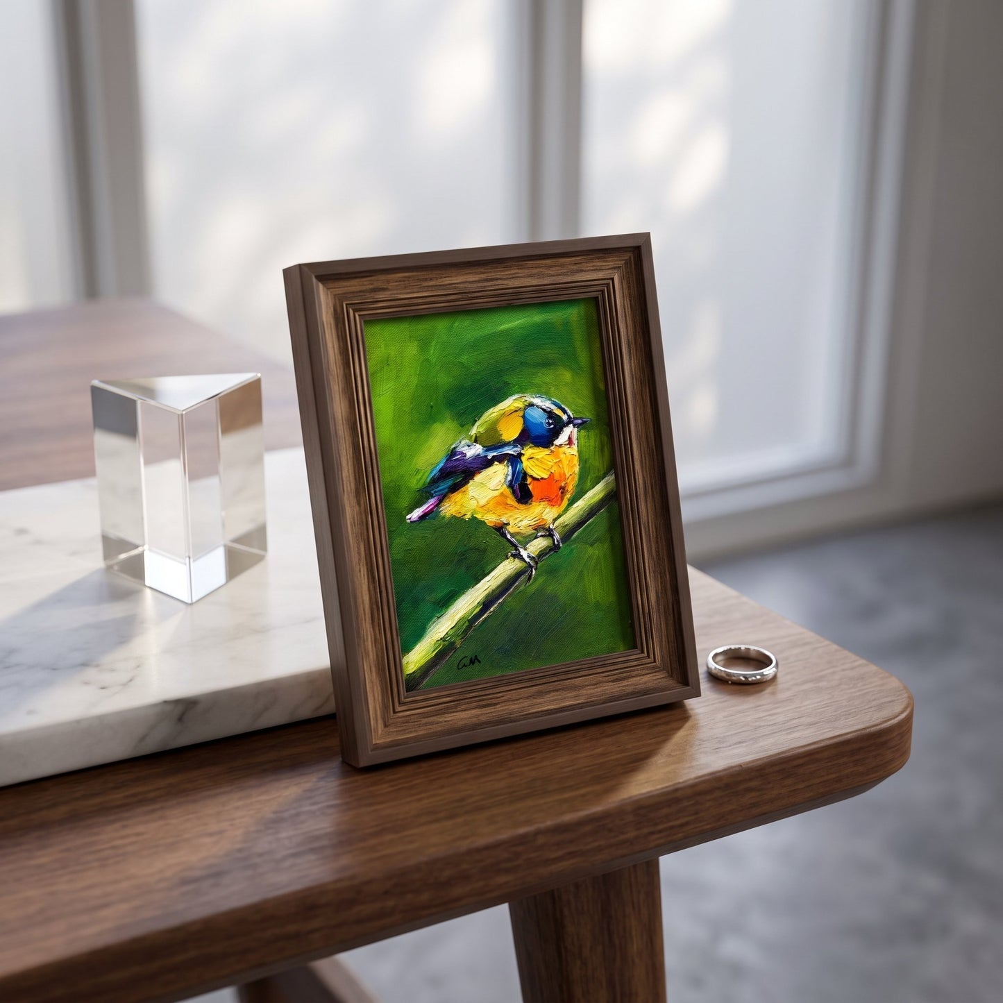 Contemporary entryway — Vibrant bird painting adds color and life to minimalist decor