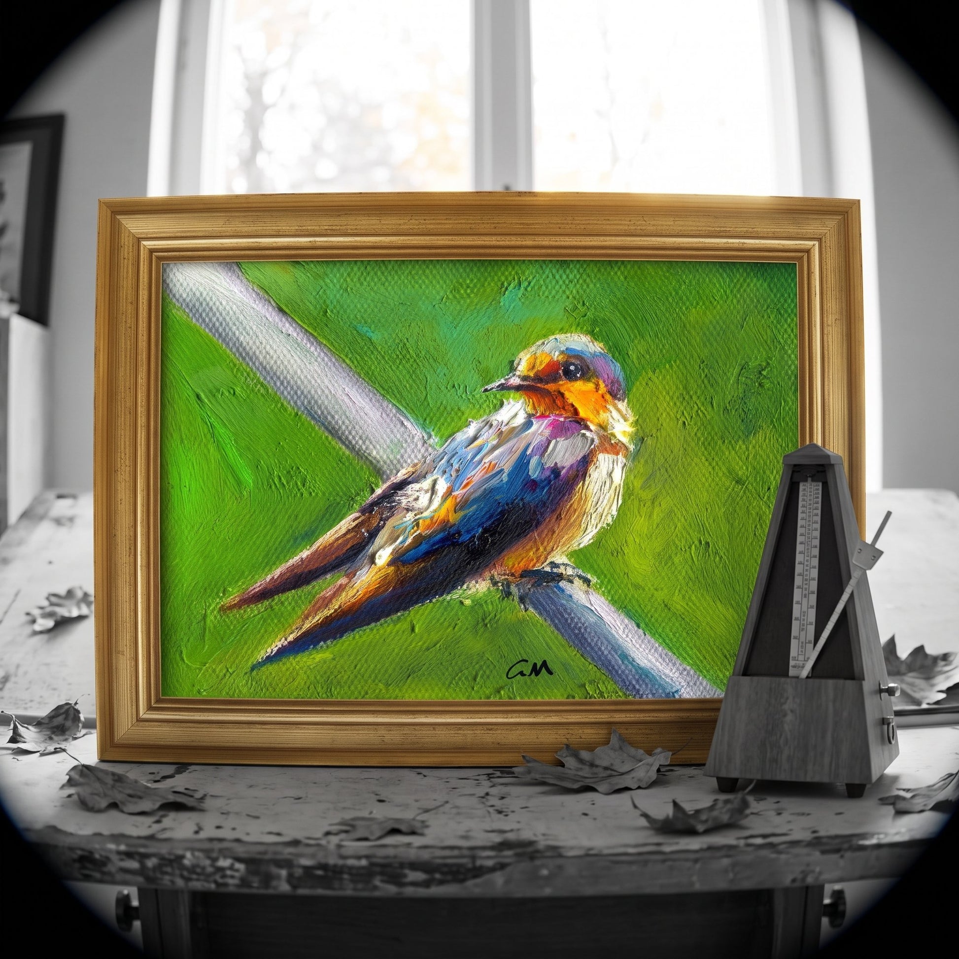 Rustic Farmhouse Study — Vibrant expressionist bird painting adds lively color and artistic warmth to a serene, nature-inspired workspace