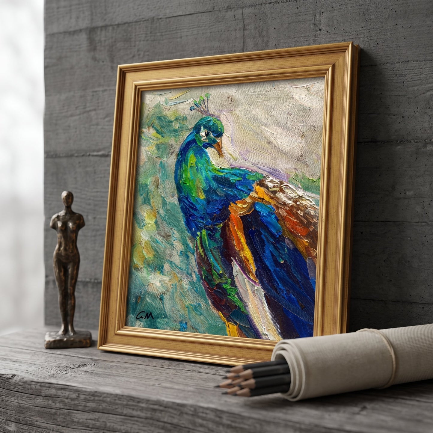 Minimalist studio, industrial loft — vibrant peacock painting transforms space with bold color and artistic texture