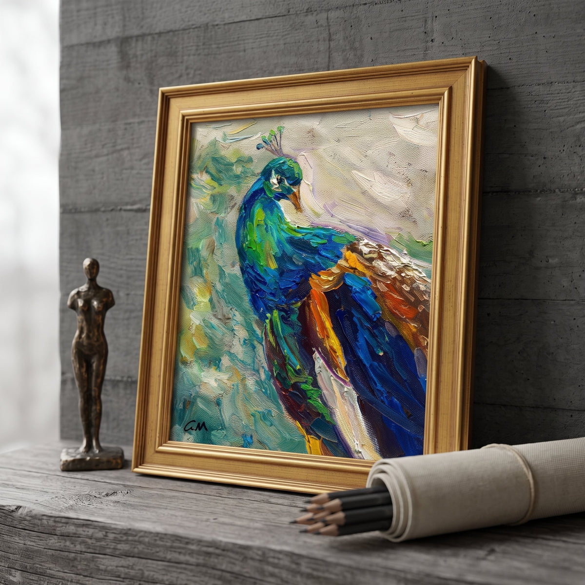 Minimalist studio, industrial loft — vibrant peacock painting transforms space with bold color and artistic texture