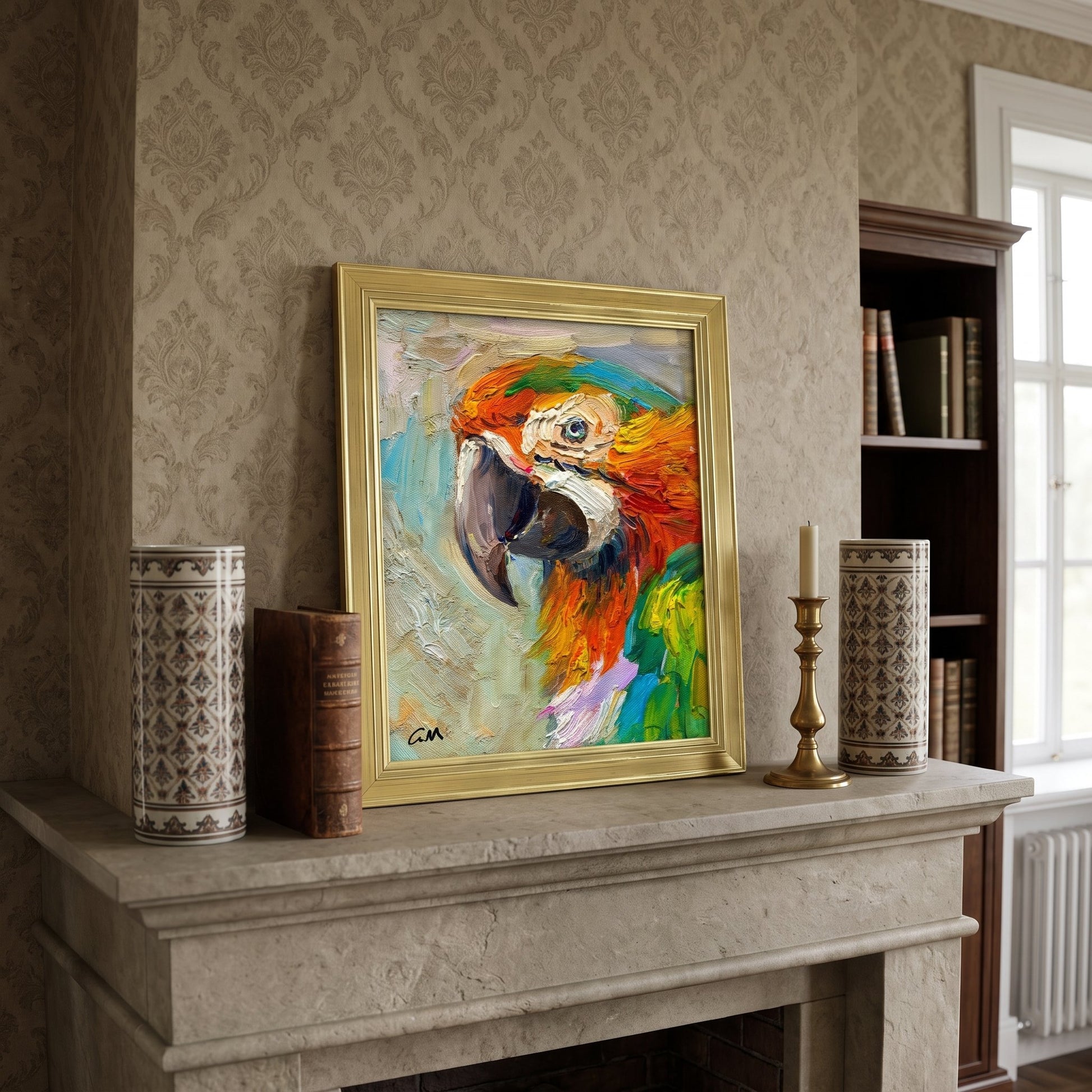 Traditional living room — vibrant expressionist parrot painting adds bold color and artistic energy to classic decor