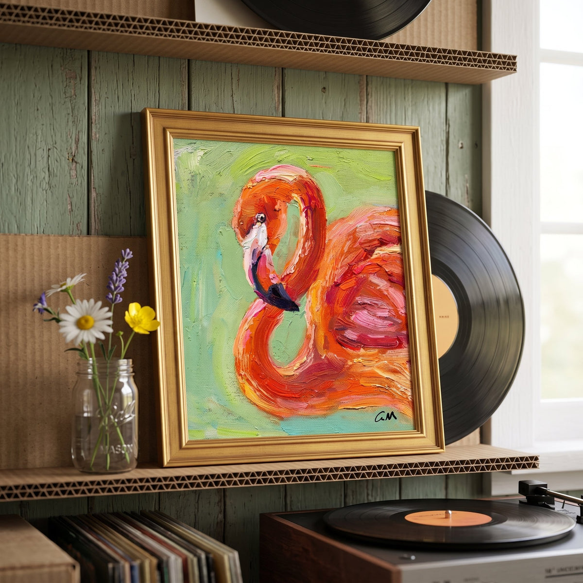 Eclectic living room — vibrant expressionist flamingo painting adds bold color and life to rustic vinyl-themed decor