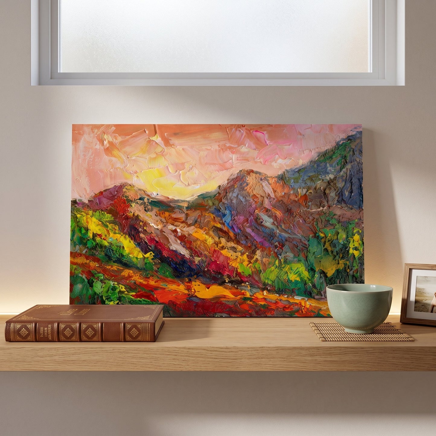 Minimalist living room — vibrant expressionist landscape transforms neutral space with bold color and texture