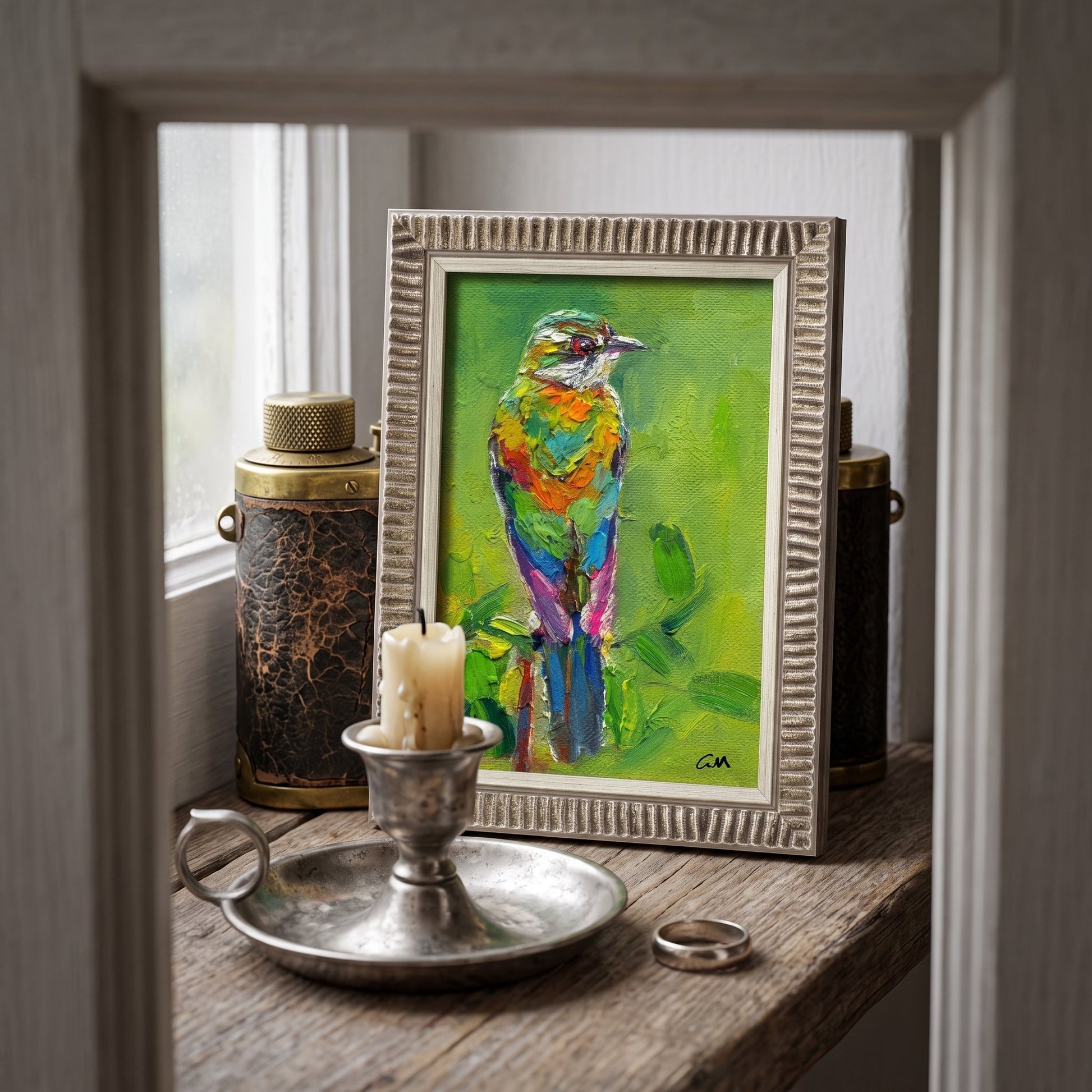 Rustic Farmhouse Entryway — Vibrant expressionist bird painting adds color and life to a serene, naturally lit space