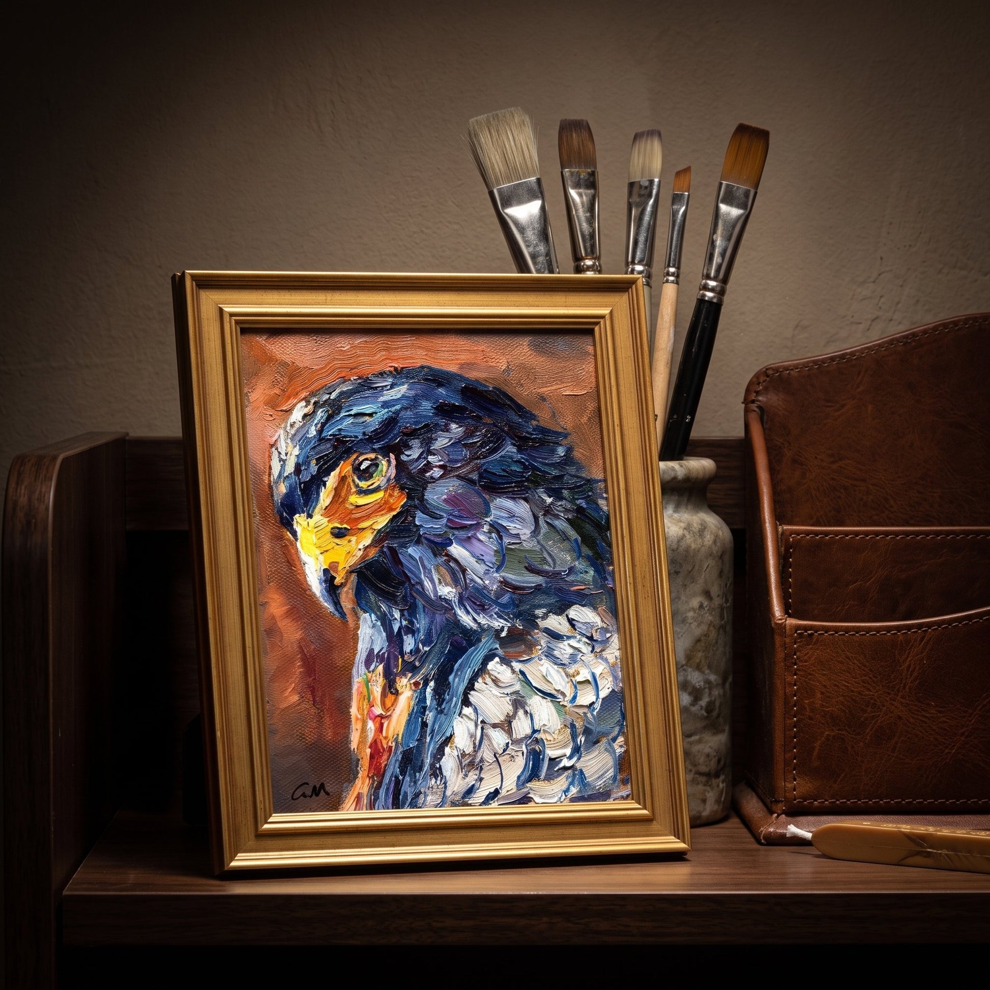 Rustic farmhouse study — expressive bird painting adds vibrant texture and artistic soul to the space