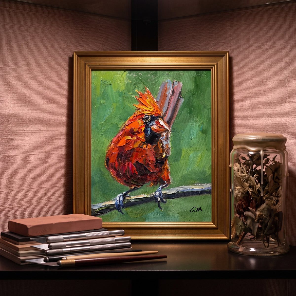 Contemporary study — Vibrant expressionist cardinal painting adds bold color and life to a serene workspace