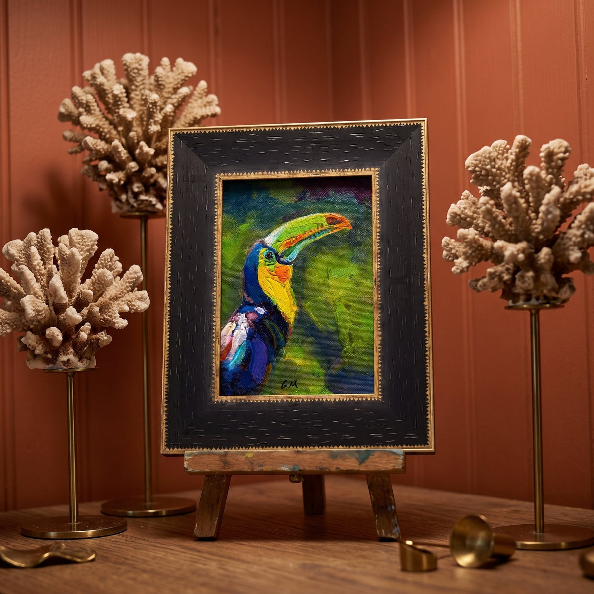Eclectic living room — vibrant toucan painting adds tropical flair and artistic energy to warm, curated space