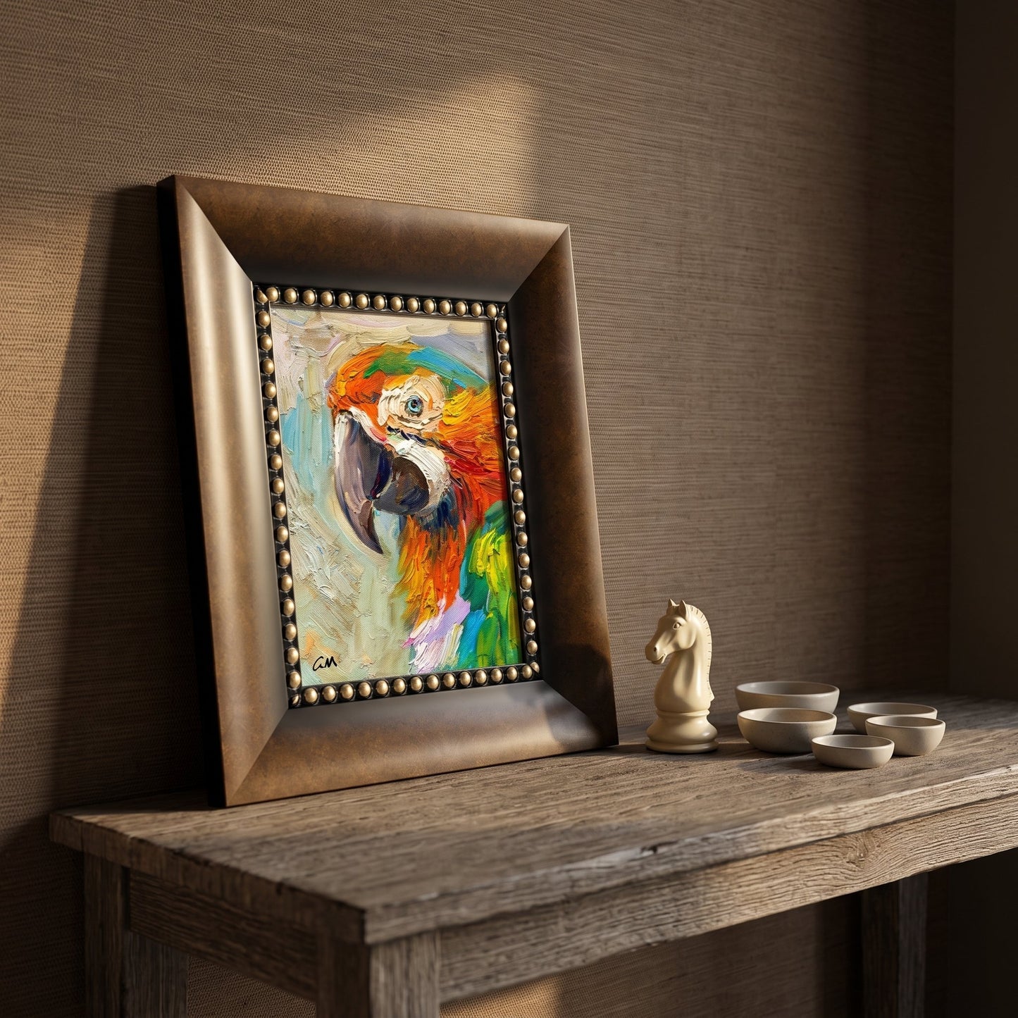Rustic Farmhouse Entryway — Vibrant expressionist parrot painting adds color and character to a warm, textured space