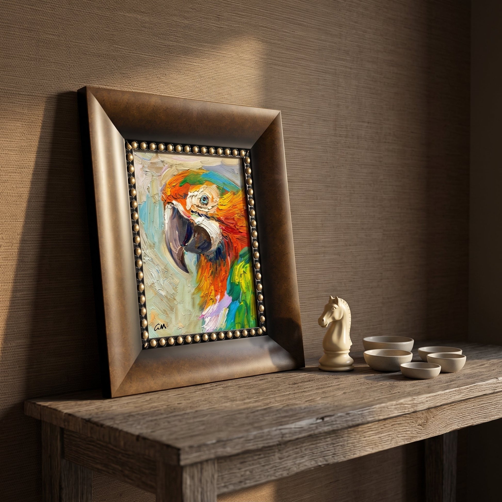 Rustic Farmhouse Entryway — Vibrant expressionist parrot painting adds color and character to a warm, textured space