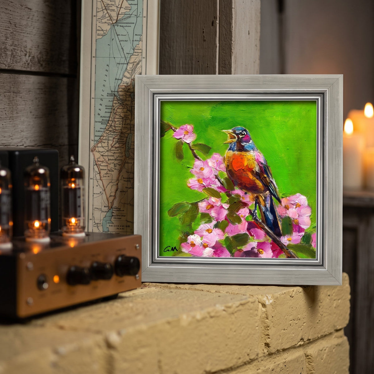Rustic Farmhouse Living Room — Vibrant bird painting adds color and life to a warm, vintage-inspired space
