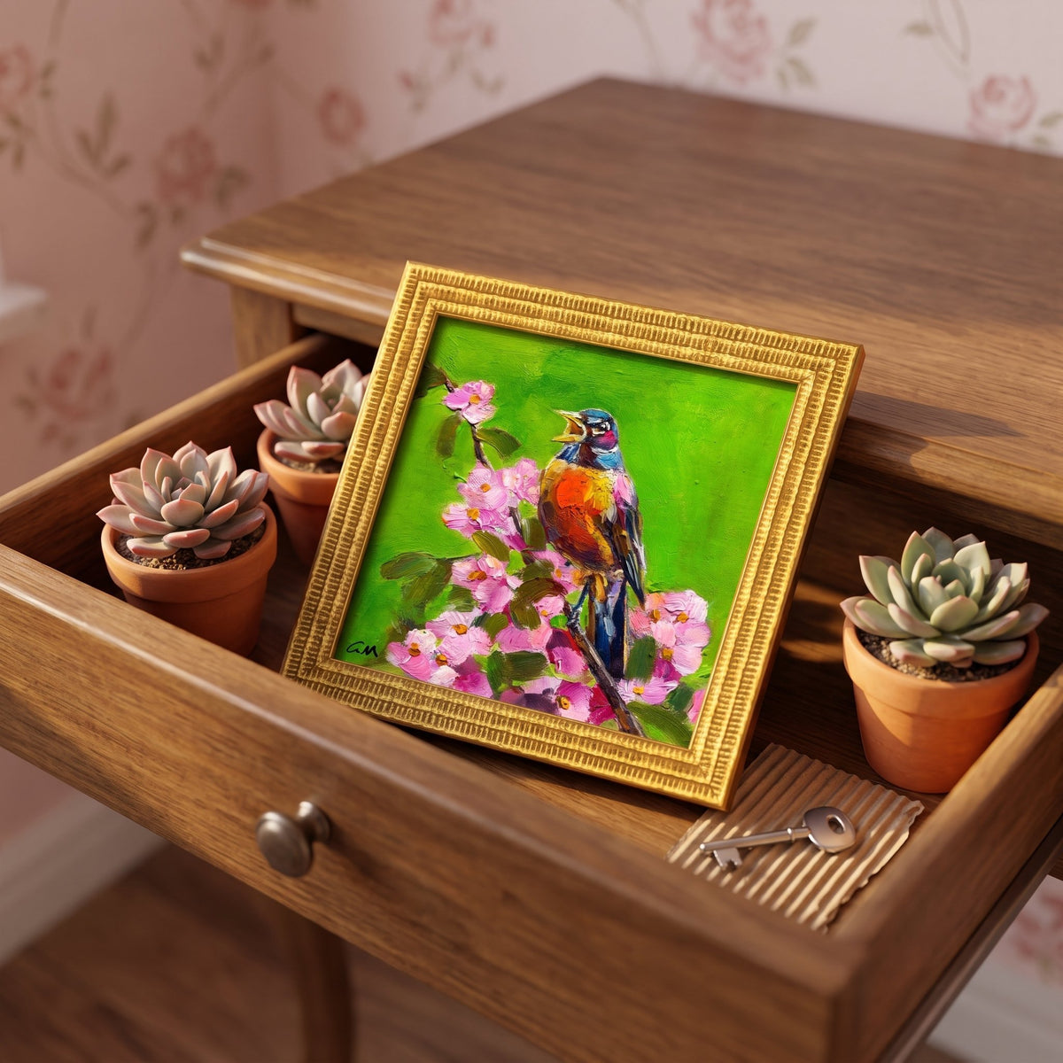 Vintage bedroom — colorful bird painting adds charm and warmth to a floral-themed space