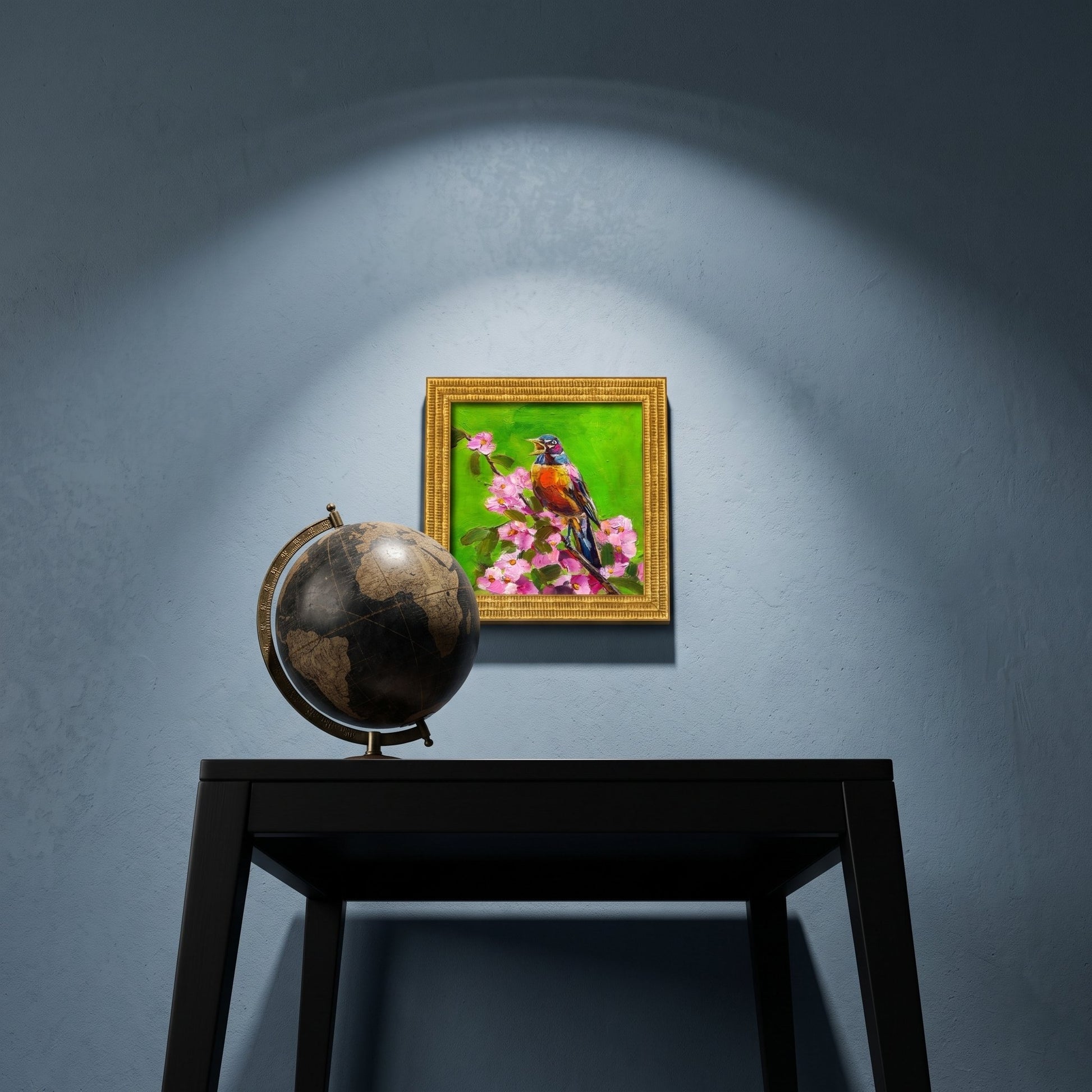 Minimalist study — Vibrant Impressionist bird painting adds color and life to a serene, modern space