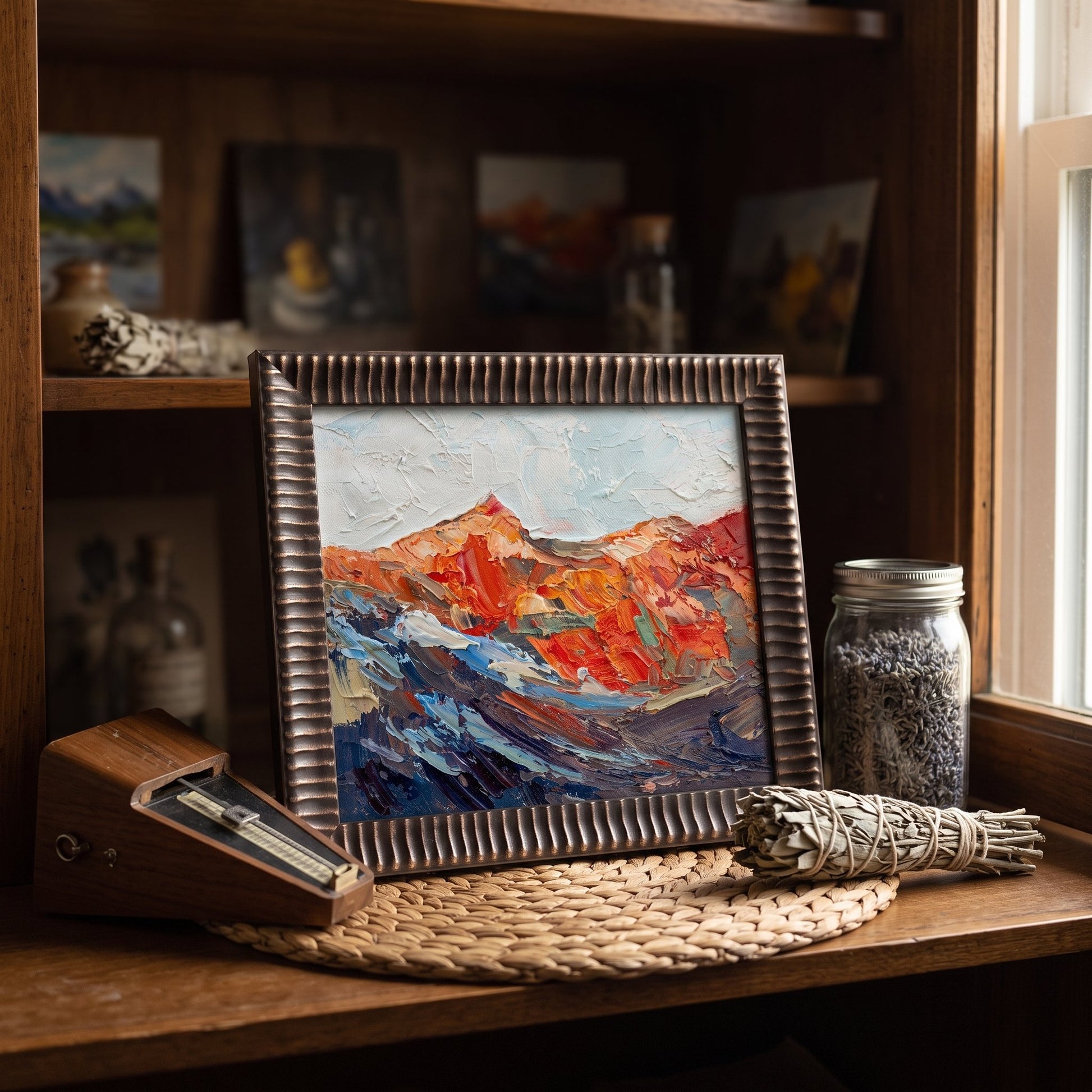 Rustic farmhouse study — expressive landscape painting adds vibrant energy and soulful depth to the tranquil space