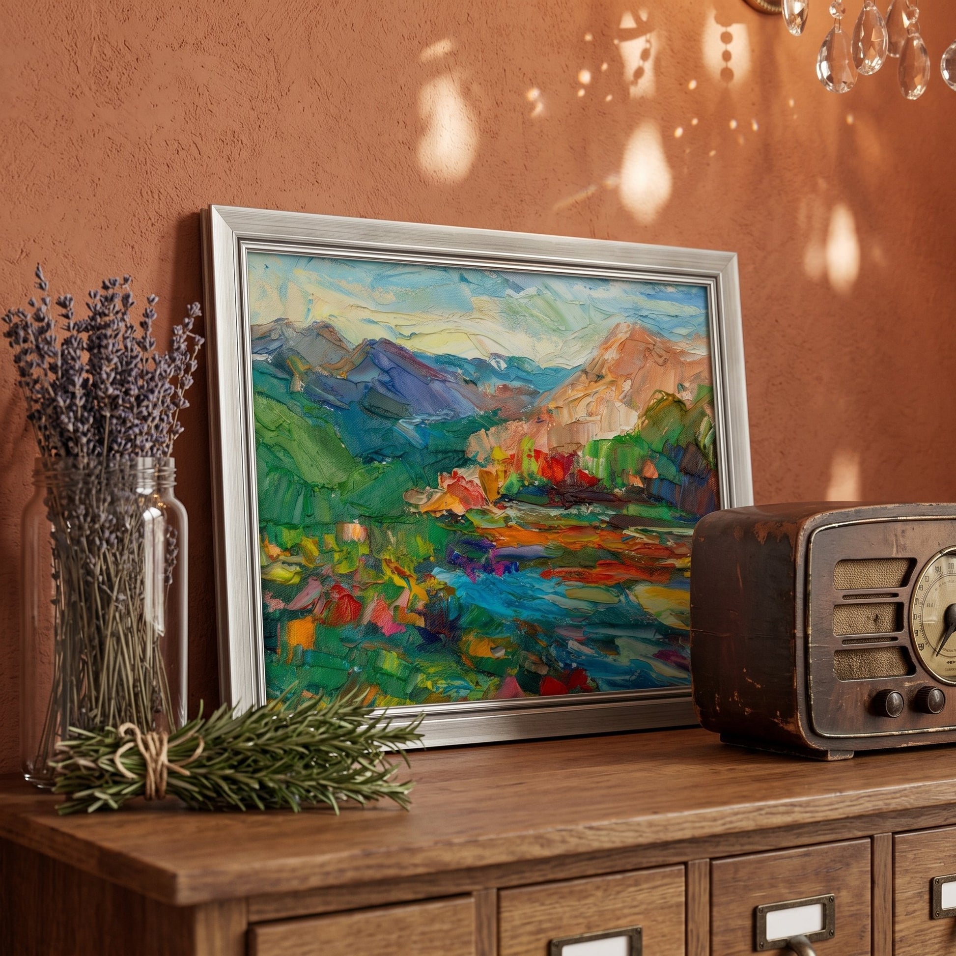 Rustic Farmhouse Entryway — Vibrant Impressionist landscape elevates warm, natural tones with expressive color and texture