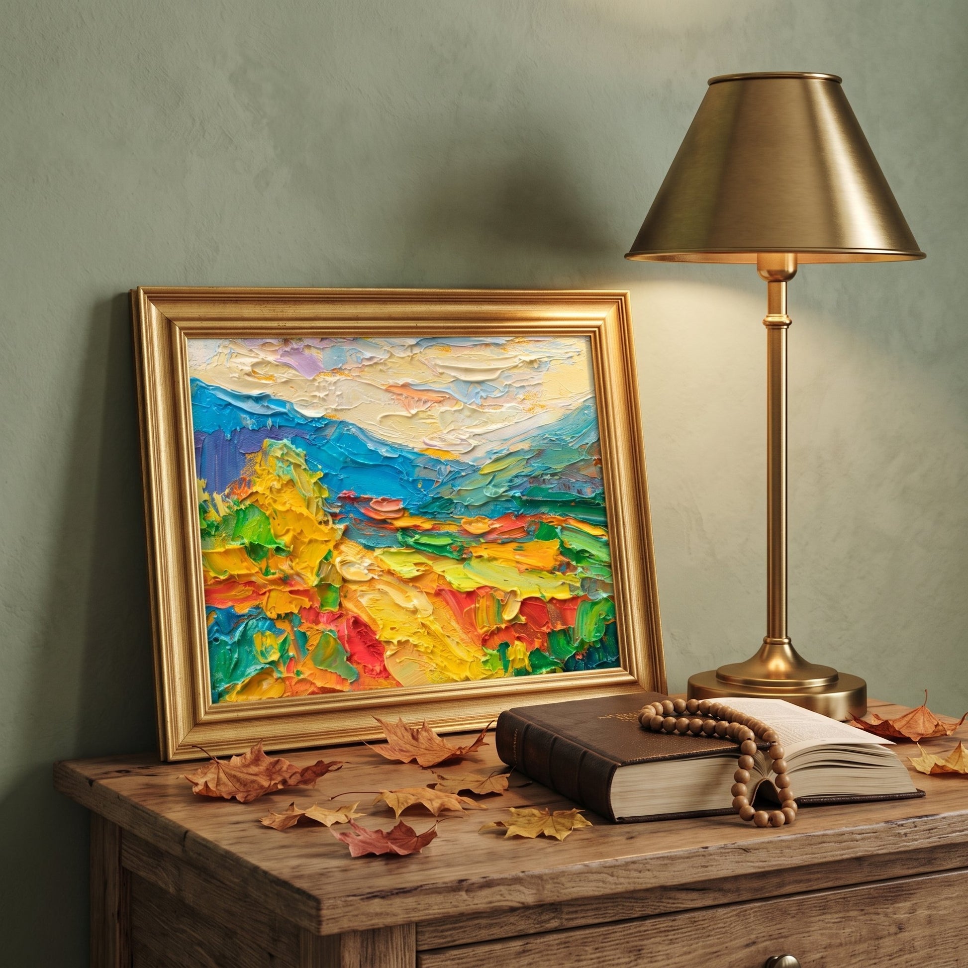 Rustic Farmhouse Study — Vibrant Impressionist landscape elevates the space with bold color and textured artistry