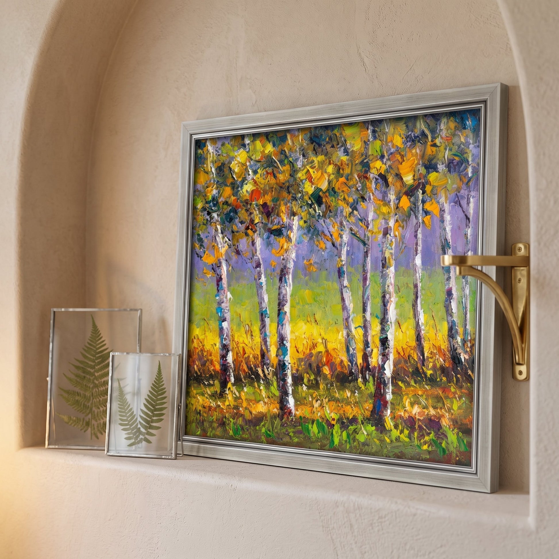 Contemporary entryway — Impressionist landscape painting brings vibrant autumn colors and texture to a minimalist niche
