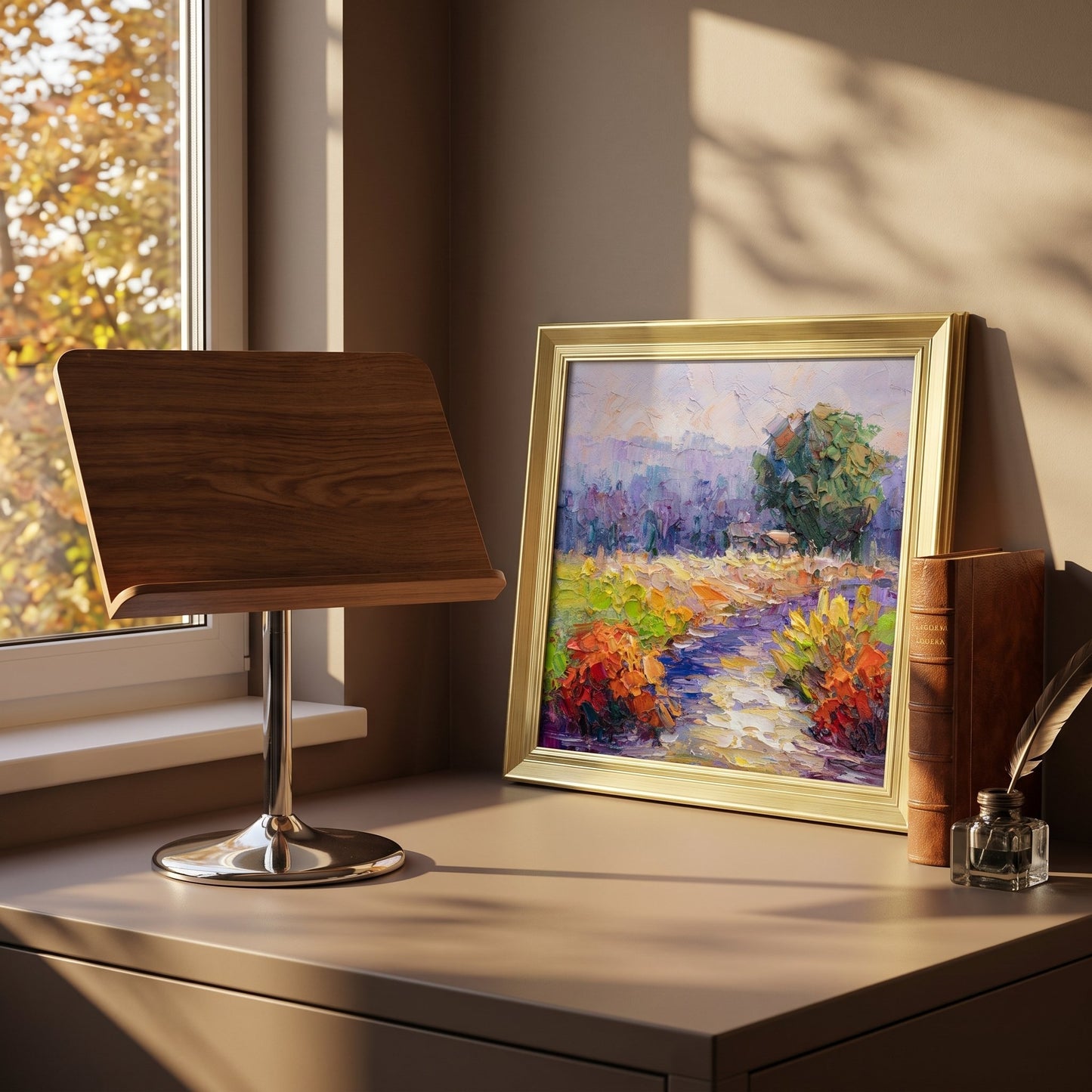 Home study, minimalist — Impressionist landscape painting adds vibrant color and natural energy to a serene workspace