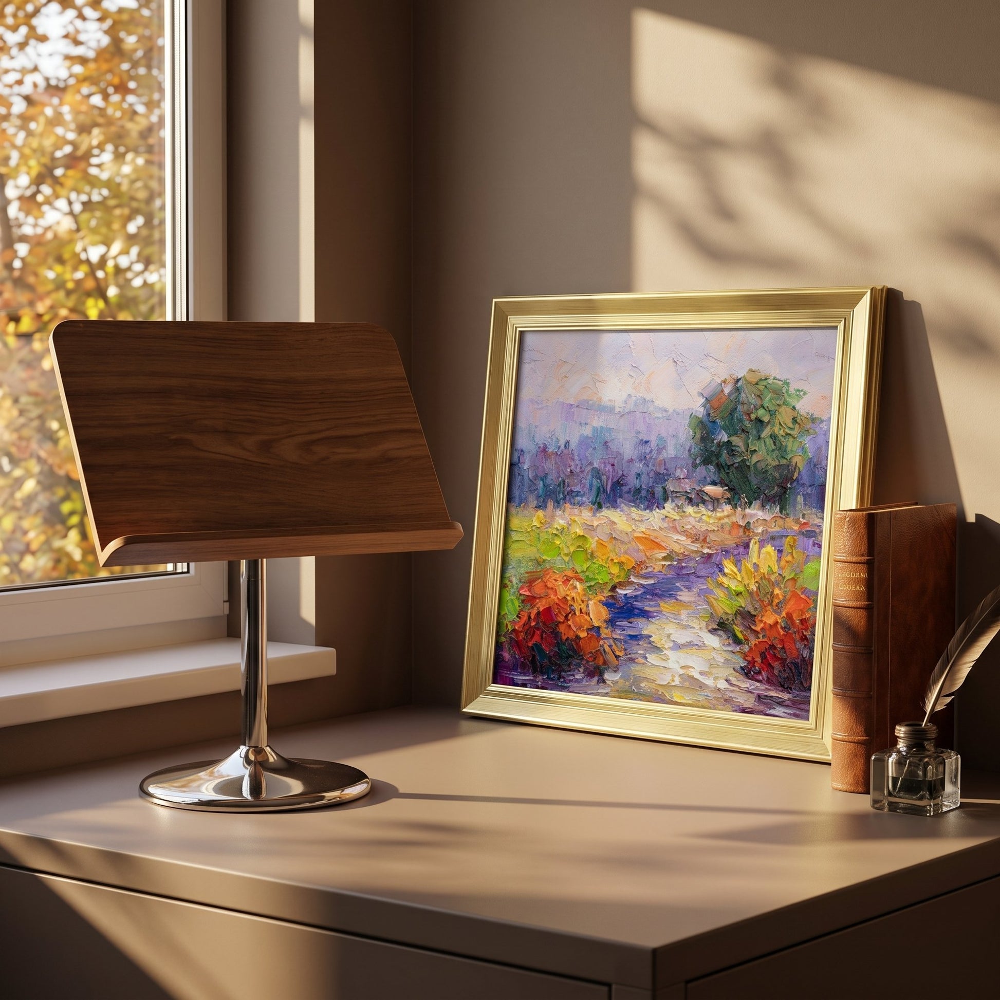 Home study, minimalist — Impressionist landscape painting adds vibrant color and natural energy to a serene workspace