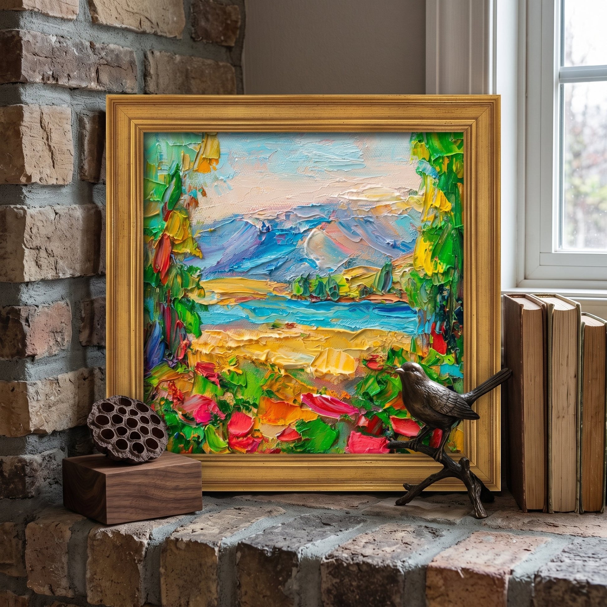 Rustic farmhouse living room — vibrant impressionist landscape painting adds color and texture to a stone mantel
