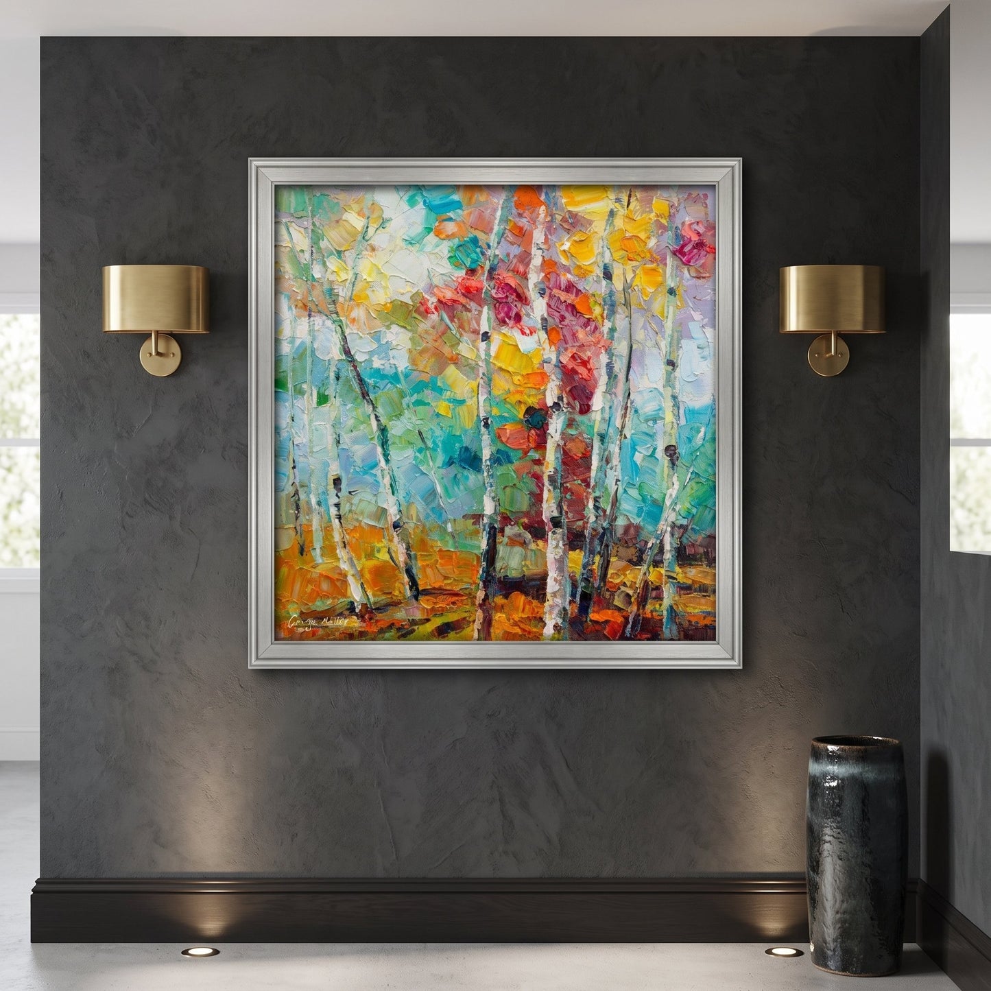 Contemporary entryway — vibrant impressionist landscape painting transforms dark walls with bold color and organic energy