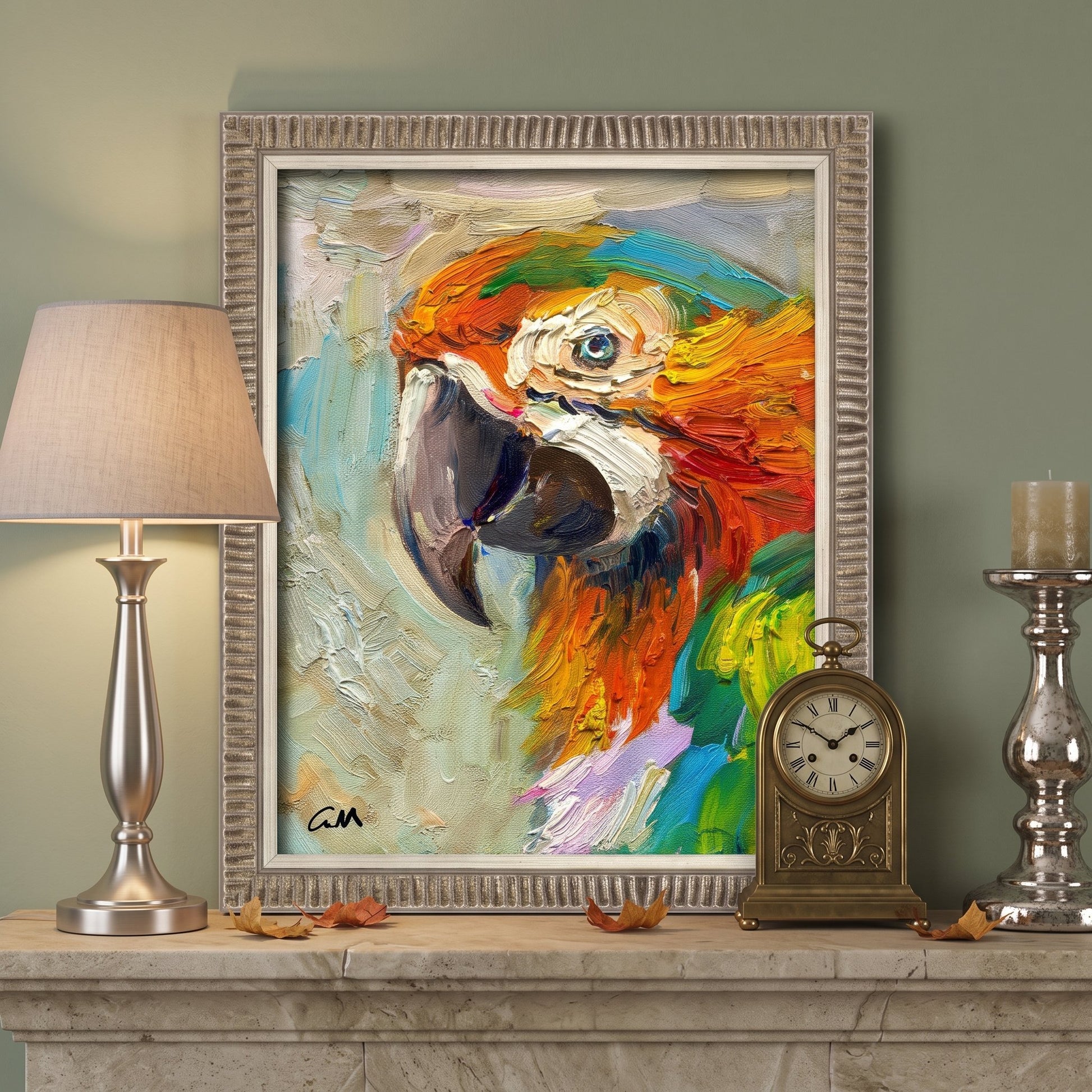 Traditional living room — vibrant expressionist macaw painting adds color and life to elegant decor