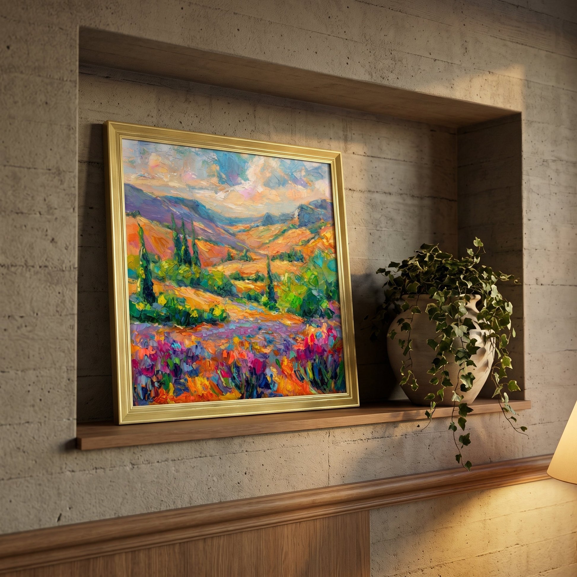 Contemporary living room — Vibrant Impressionist landscape transforms minimalist industrial space with bold color and natural warmth