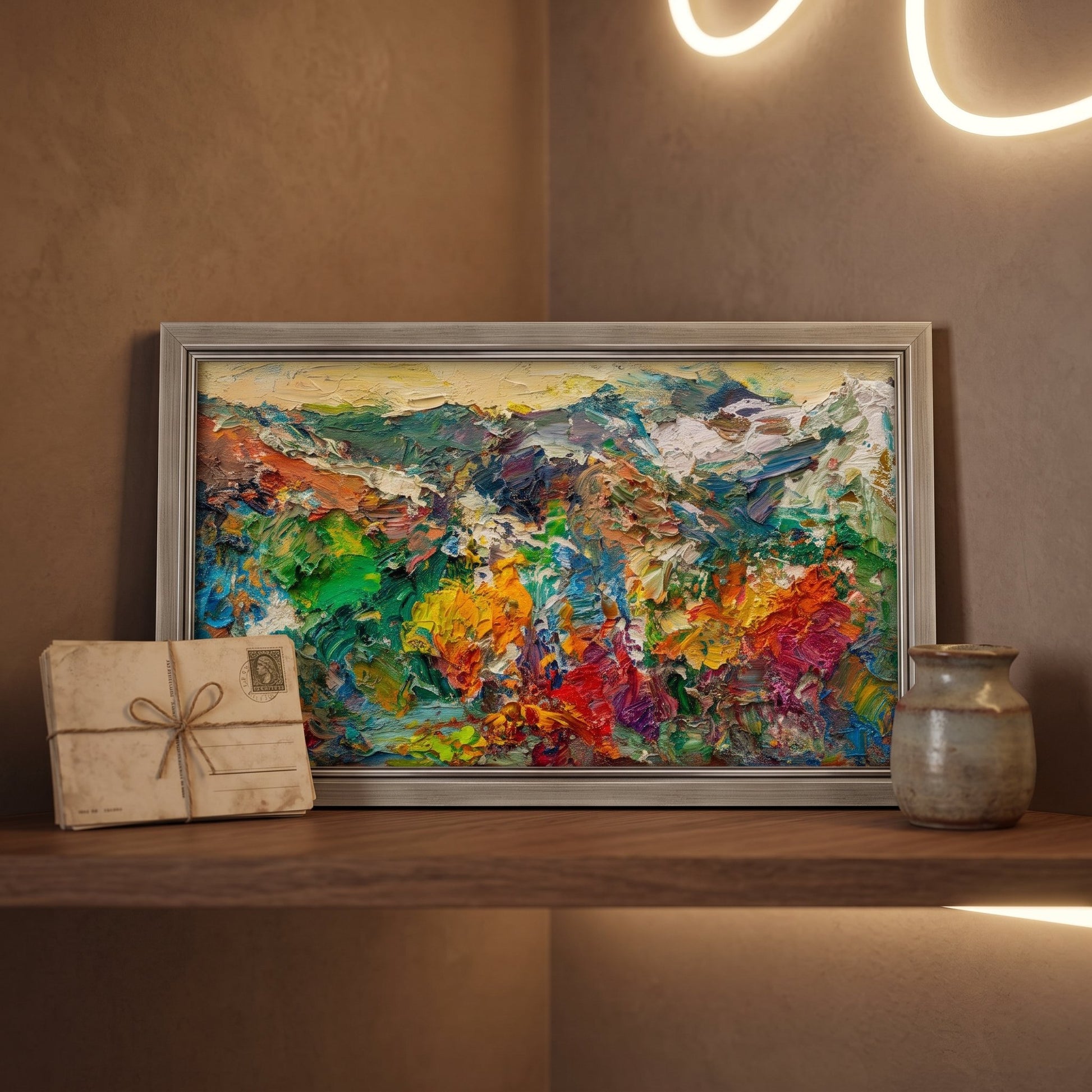 Contemporary entryway — vibrant abstract landscape painting elevates neutral space with bold color and expressive texture