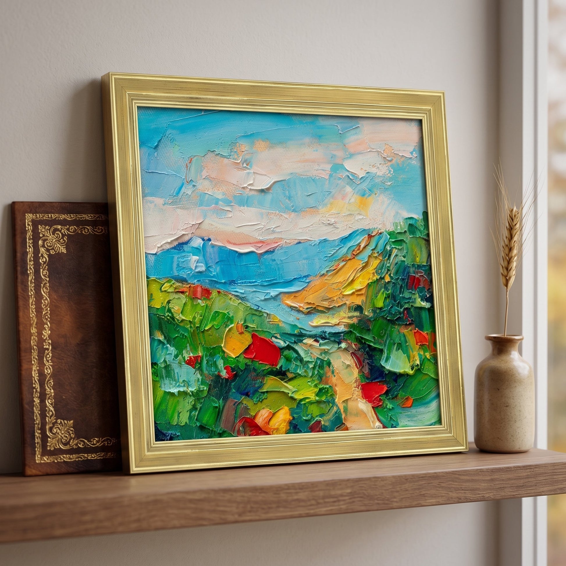 Contemporary living room — vibrant Impressionist landscape adds color and texture as a focal point