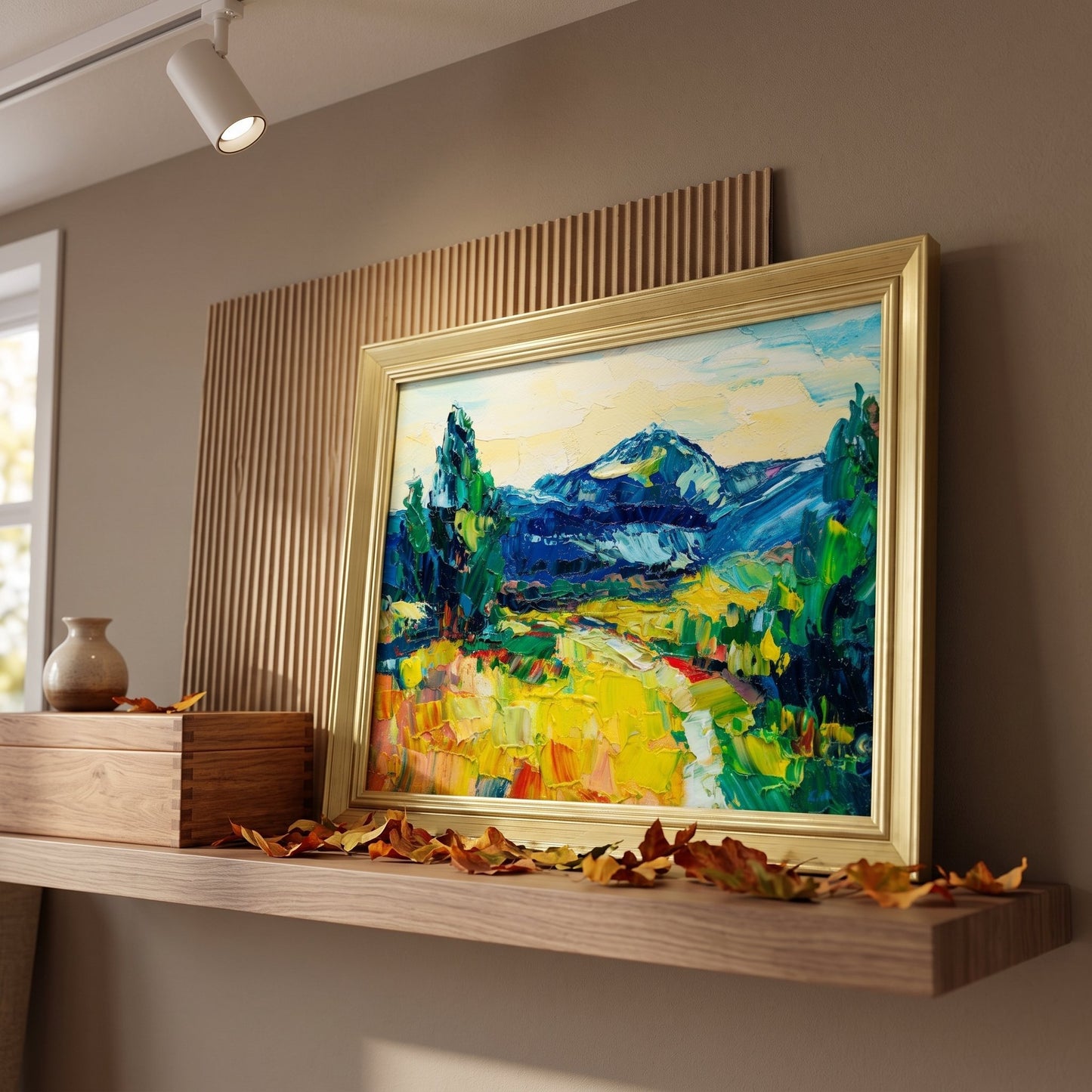 Contemporary living room, Scandinavian decor — vibrant expressionist landscape painting adds warmth and visual energy to minimalist space