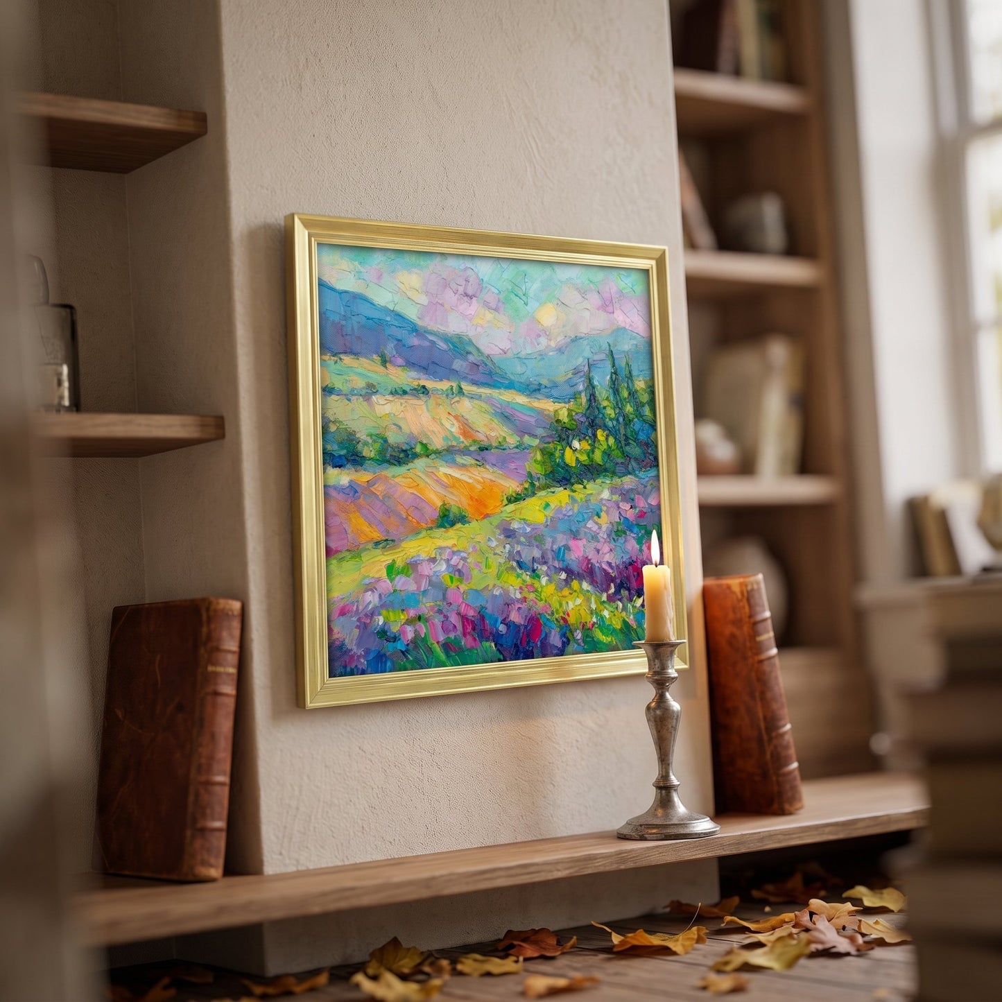 Rustic Farmhouse Study — Vibrant Impressionist landscape transforms the space with color and texture, enhanced by natural light and warm ambiance