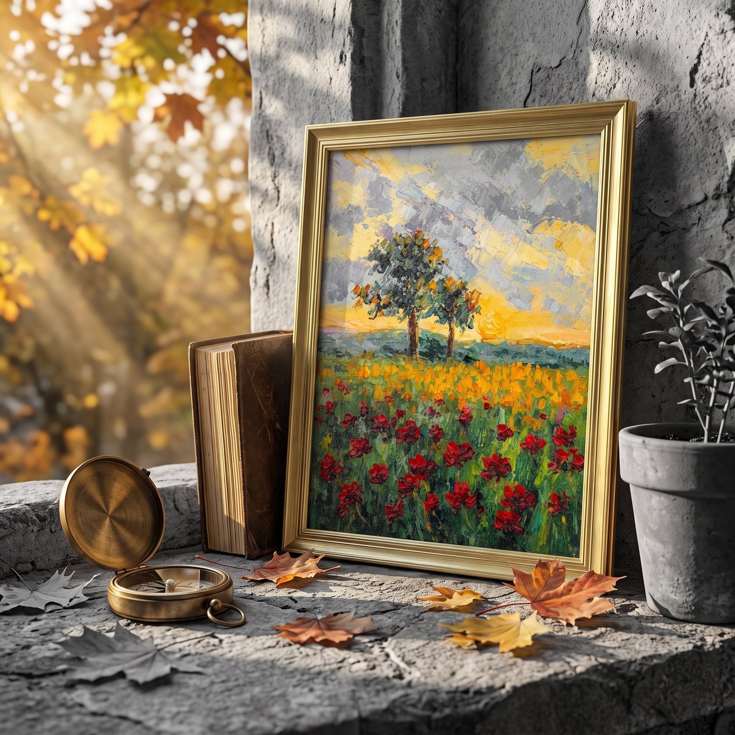 Rustic Farmhouse Entryway — Original Impressionist Landscape Painting Adds Warmth and Color to Stone Wall Niche
