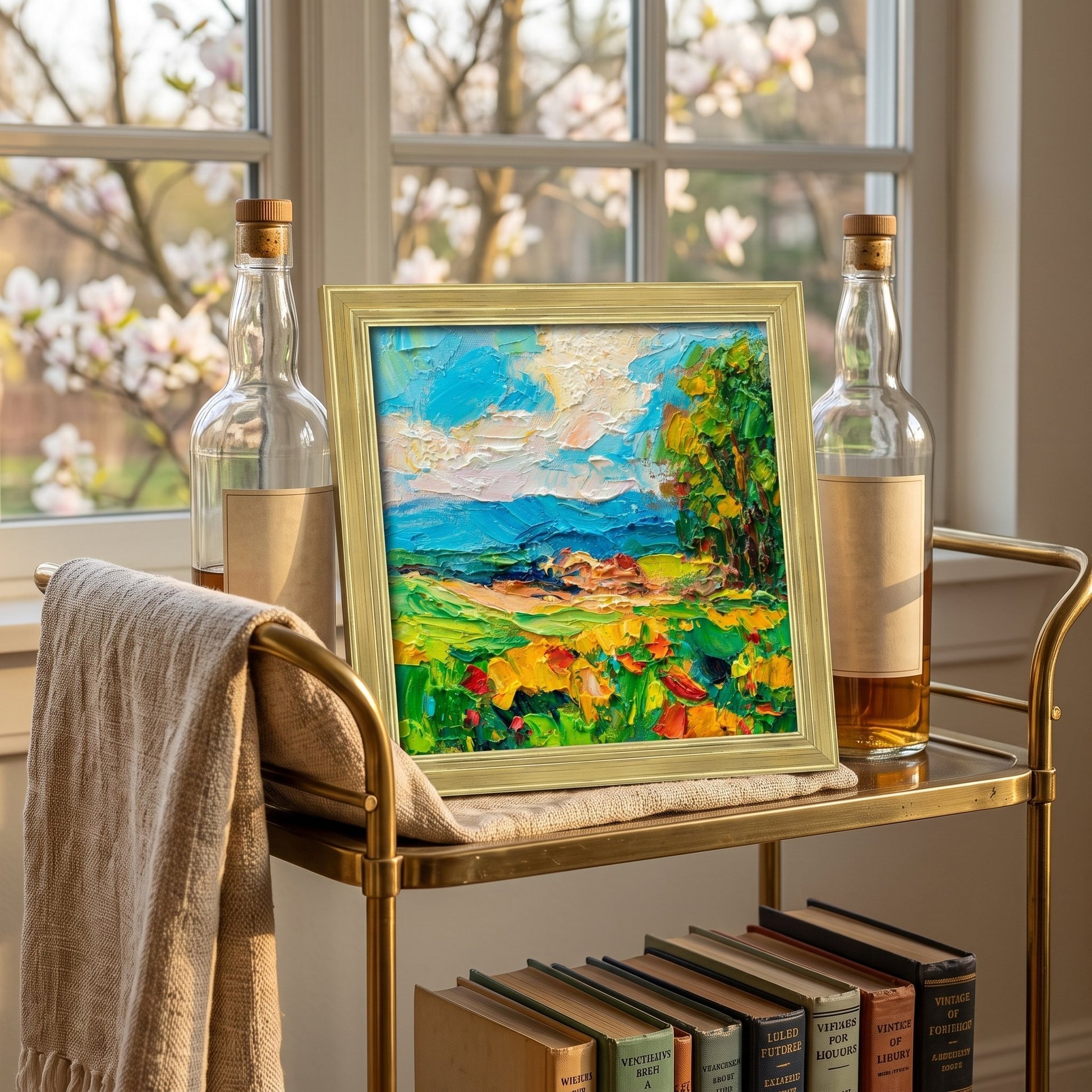 Contemporary rustic living room — vibrant Impressionist landscape painting adds color and texture as a focal point in natural light