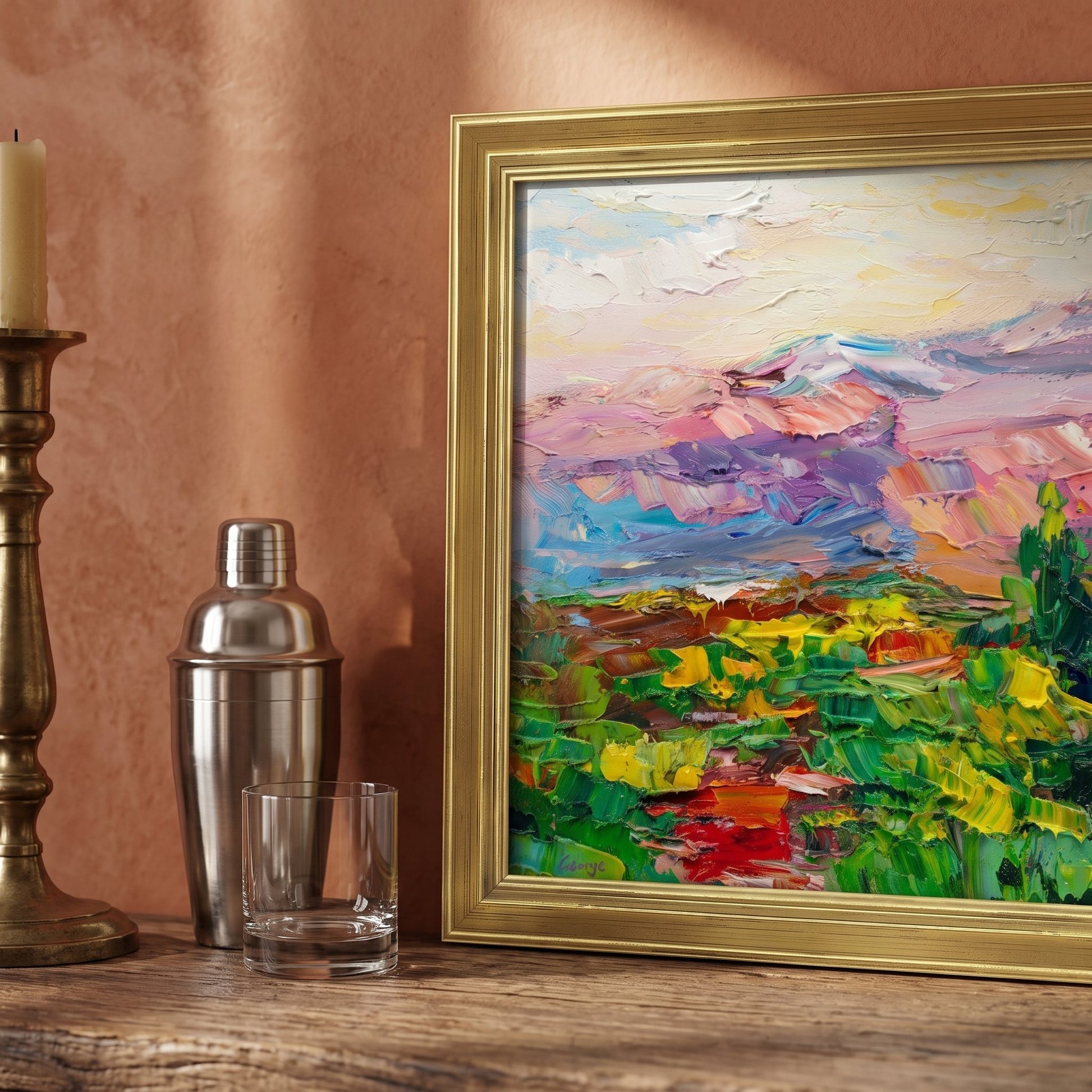Rustic Farmhouse Entryway — Vibrant Impressionist Landscape Adds Color and Artistic Depth to Warm, Earthy Space