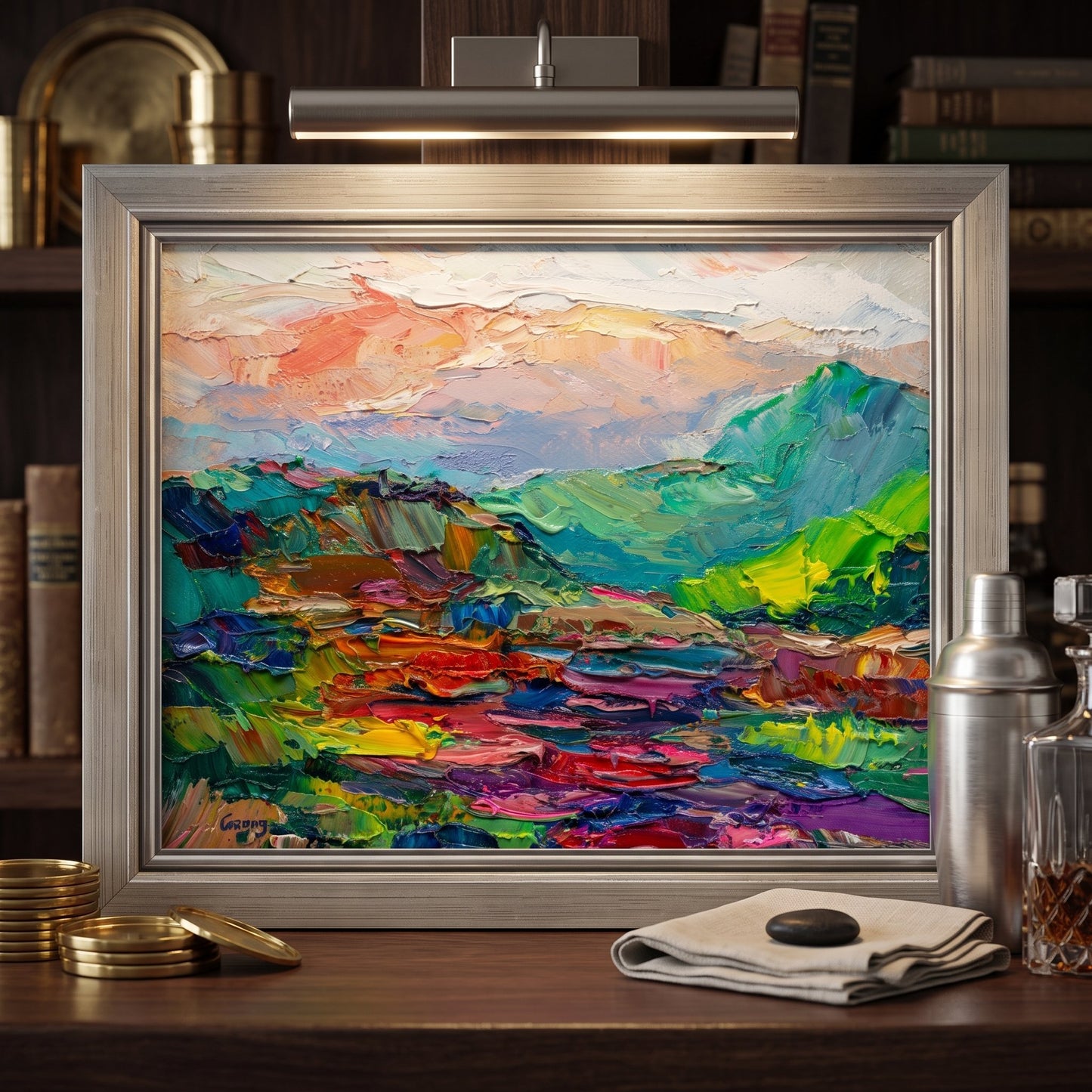Home bar, mid-century modern — vibrant expressionist landscape transforms space with bold color and texture