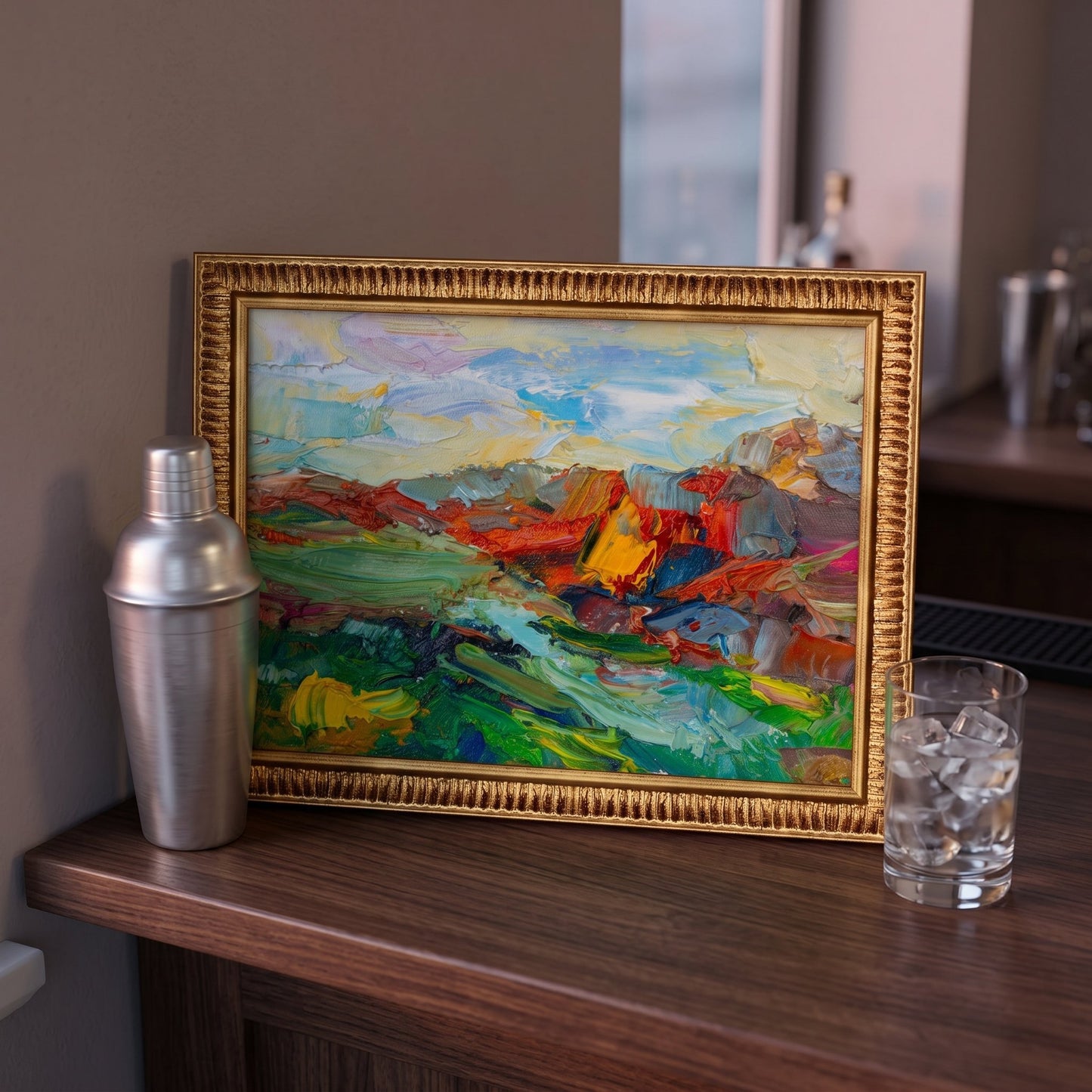 Mid-century modern home bar — vibrant expressionist landscape painting adds artistic flair and color contrast to the space