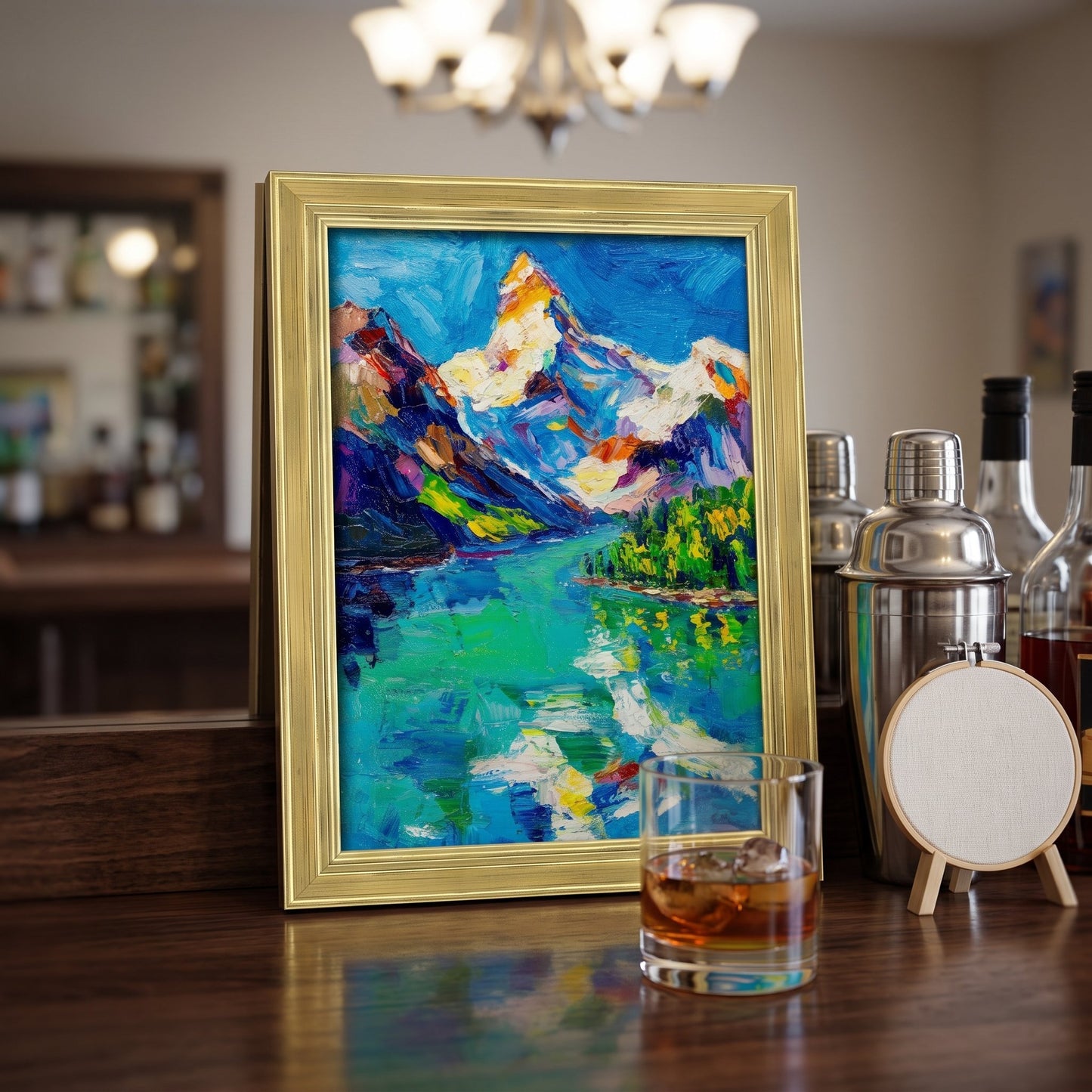 Contemporary home bar — expressive landscape painting adds vibrant energy and visual depth to the space