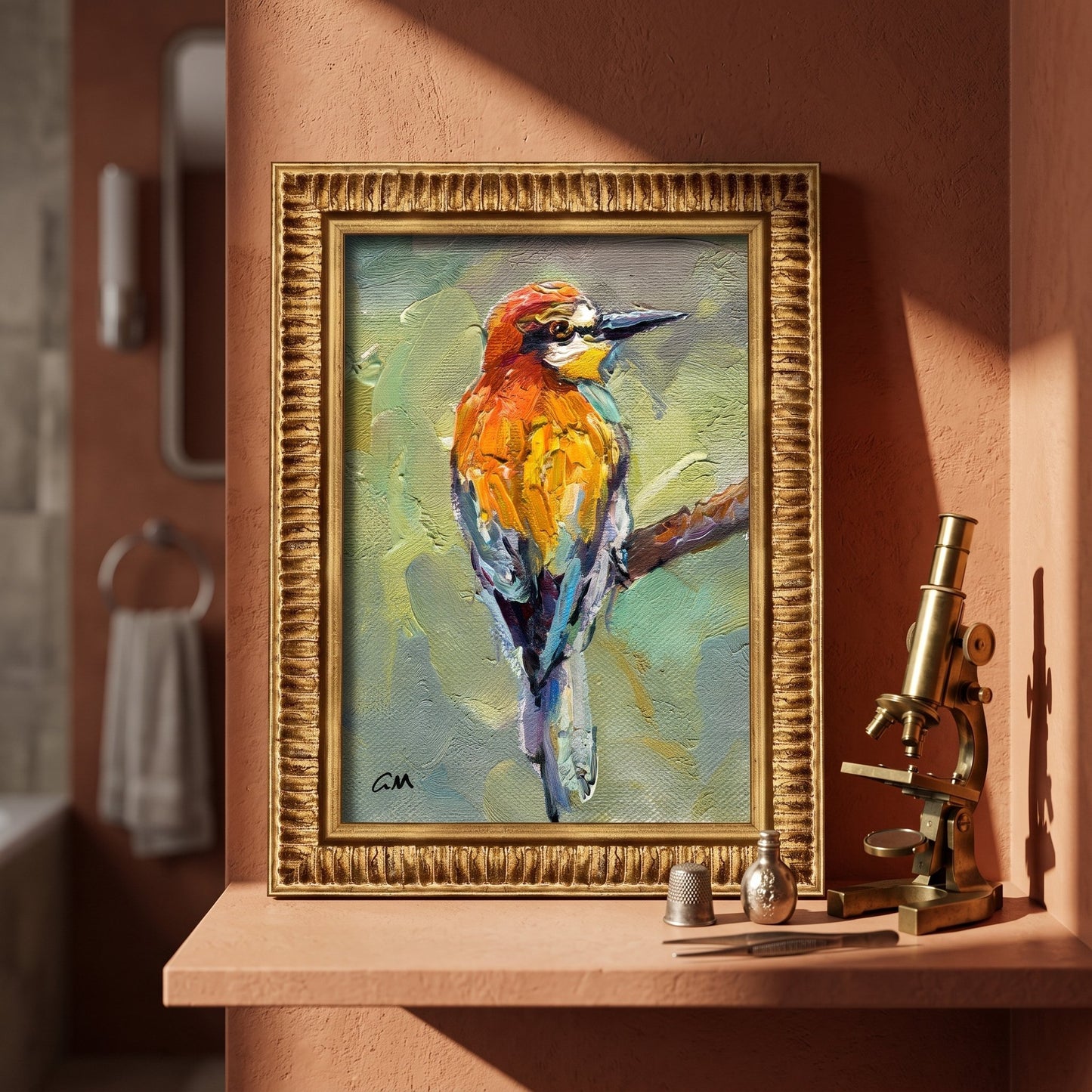 Rustic farmhouse study — vibrant bird painting adds warmth and natural elegance to scholarly decor