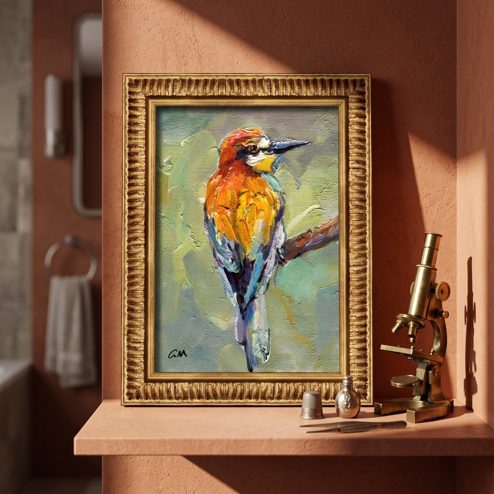 Rustic farmhouse study — vibrant bird painting adds warmth and natural elegance to scholarly decor