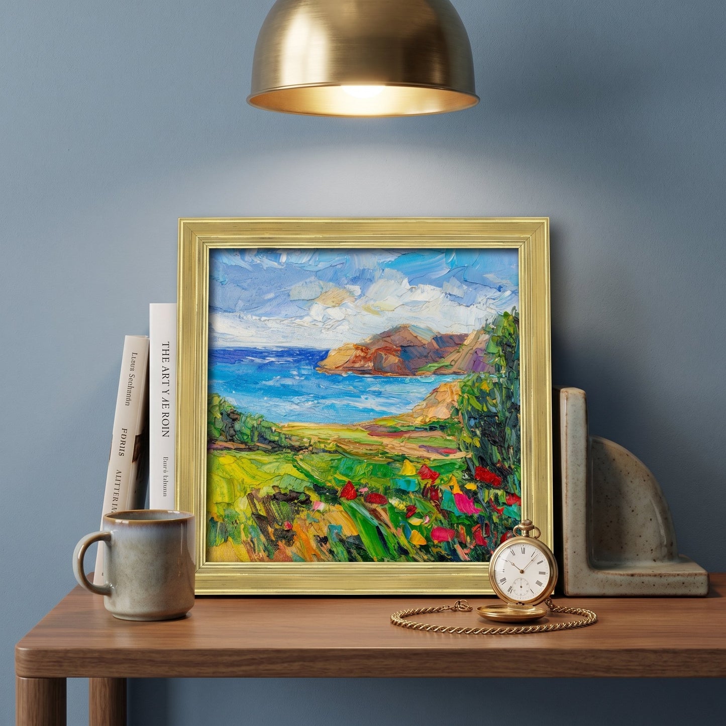Contemporary study — Vibrant Impressionist landscape painting adds color and serenity to minimalist space