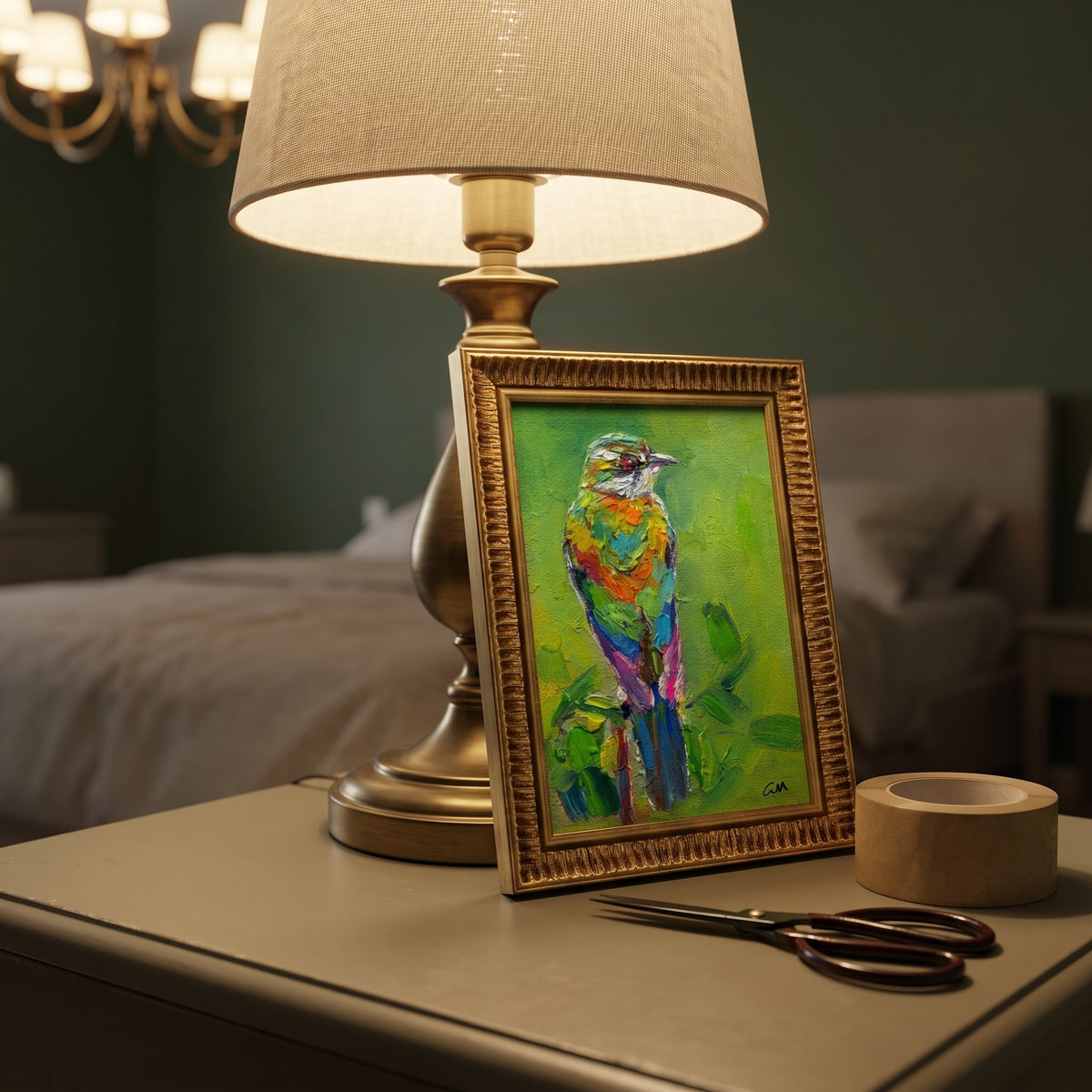 Contemporary bedroom — Vibrant expressionist bird painting adds color and life to a serene, softly lit space