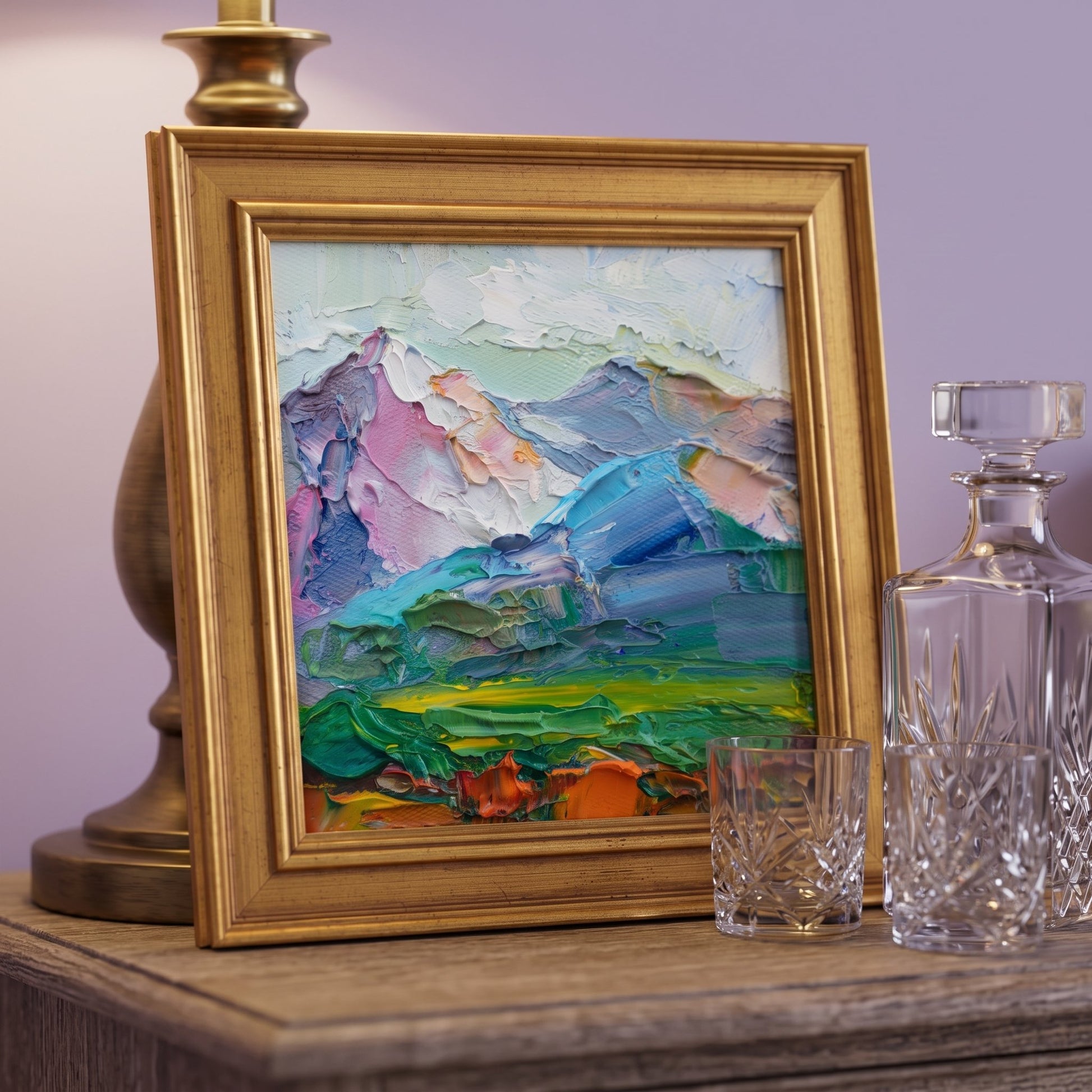 Contemporary living room — vibrant Expressionist landscape elevates rustic console with bold color and texture