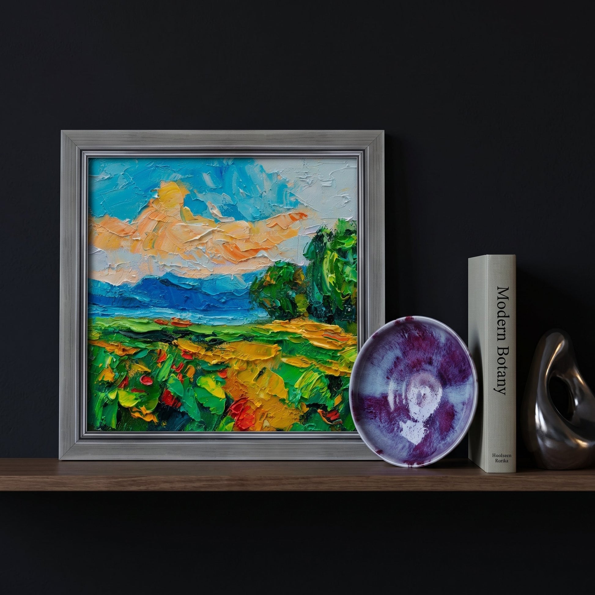 Contemporary minimalist living room — vibrant Impressionist landscape transforms dark space with color and texture