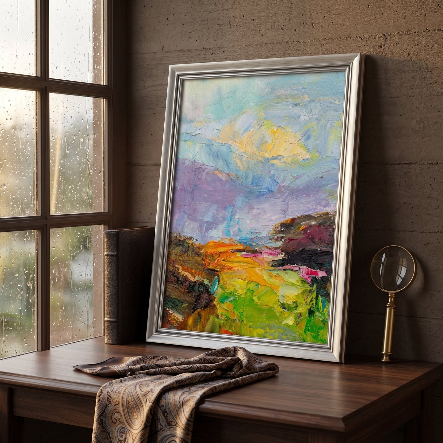 Industrial-loft study — vibrant impressionist landscape painting adds warmth and artistic depth to the space