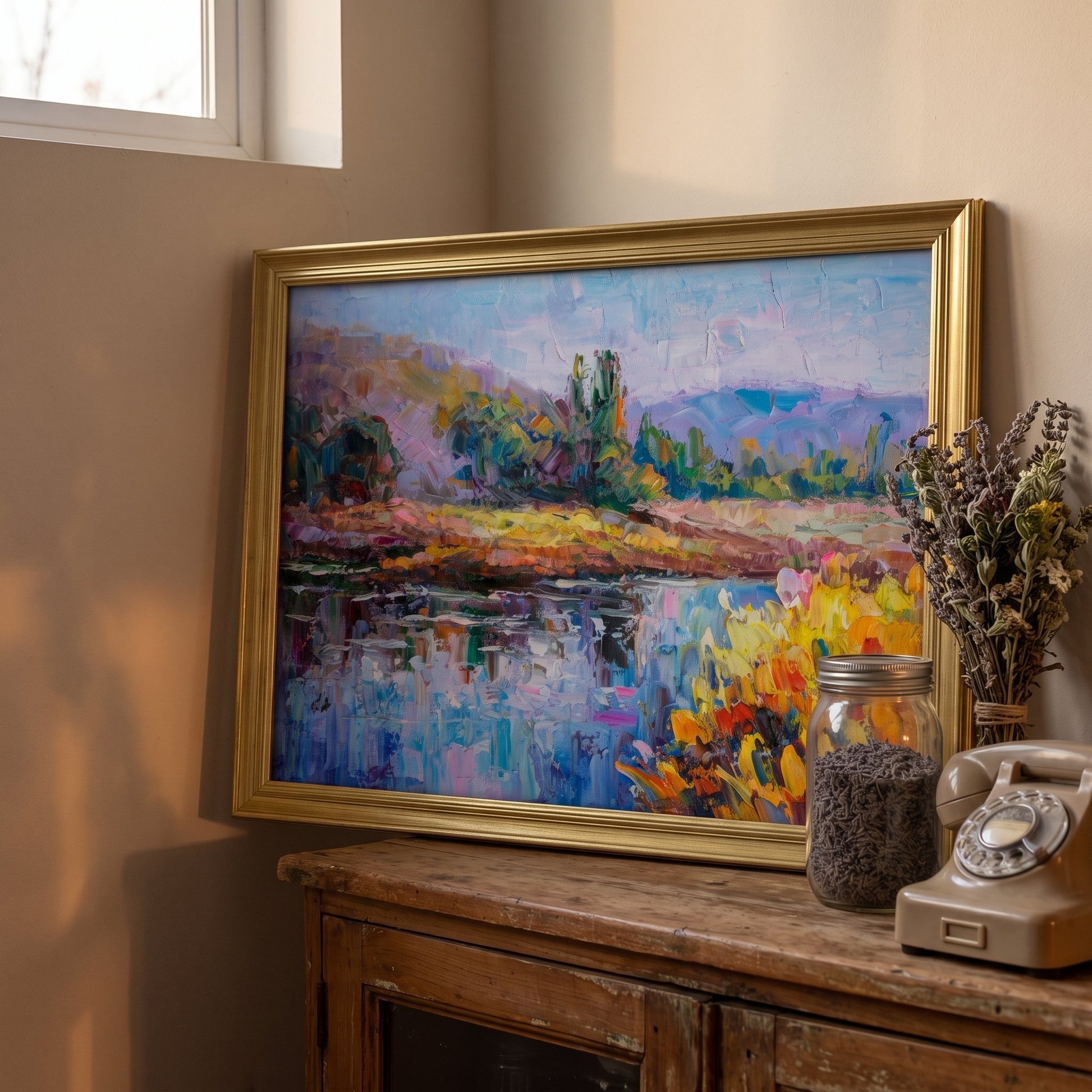 Rustic Farmhouse Entryway — Original Impressionist Landscape Painting Adds Warmth and Artistic Depth with Vibrant Colors and Textured Brushwork