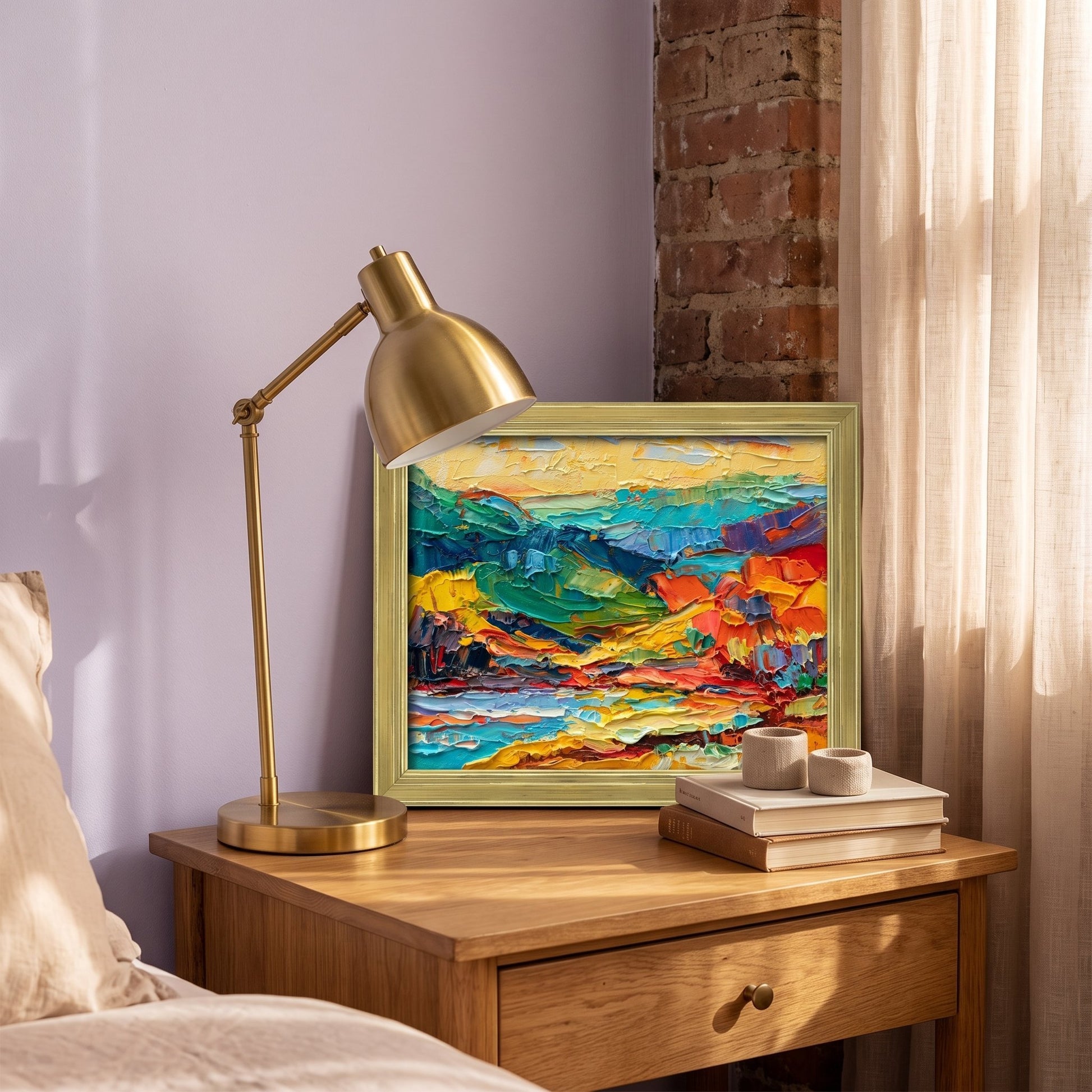 RusticFarmhouseBedroom — VibrantExpressionistLandscapePaintingAddsColorAndEnergyToCozySpace
