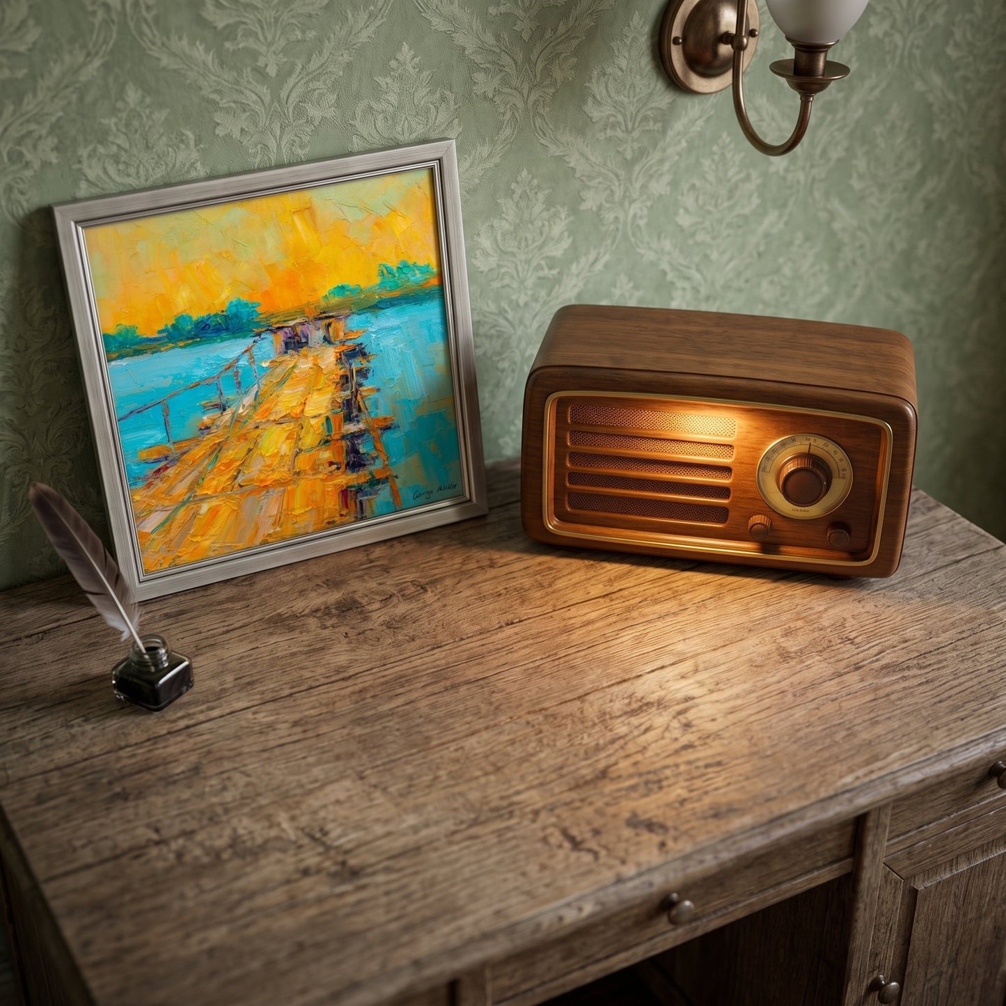 Vintage study — Impressionist landscape painting adds vibrant color and nostalgic charm to a classic wooden desk setting