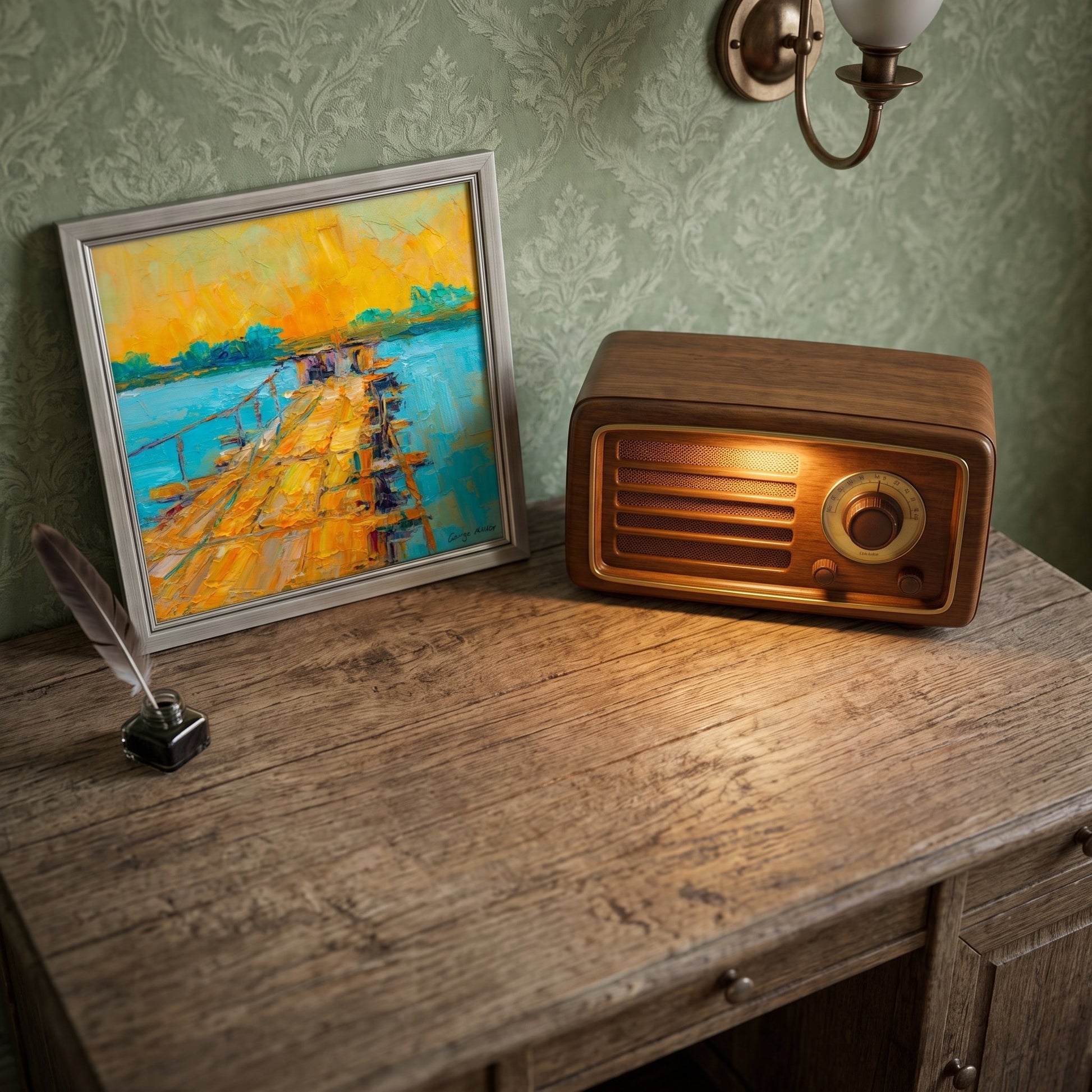 Vintage study — Impressionist landscape painting adds vibrant color and nostalgic charm to a classic wooden desk setting