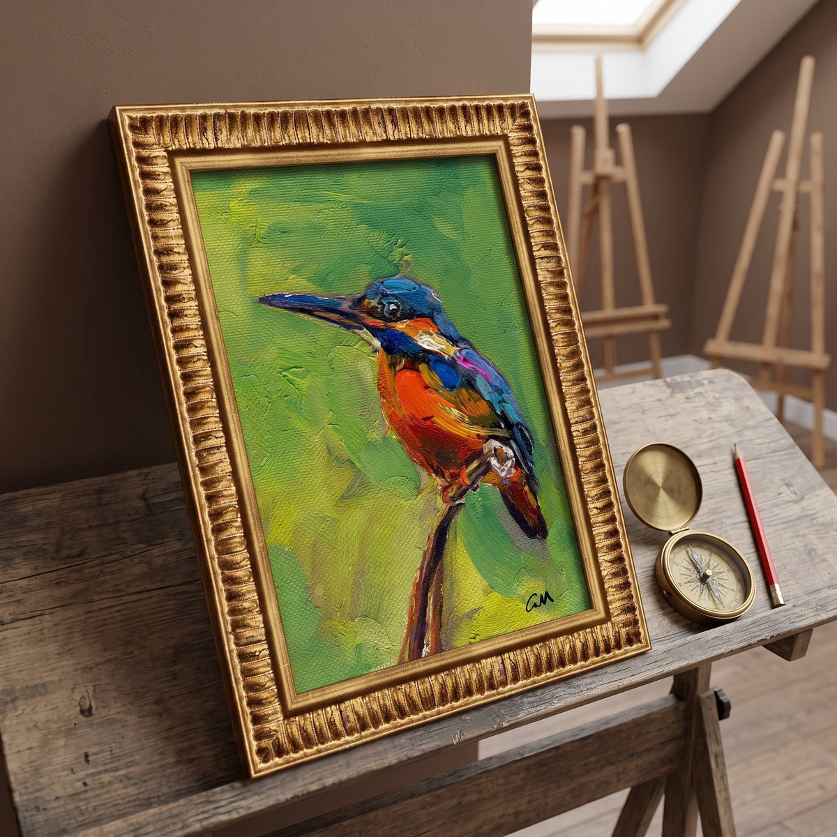 Rustic Farmhouse Studio — Vibrant kingfisher painting brings life and color to a creative workspace