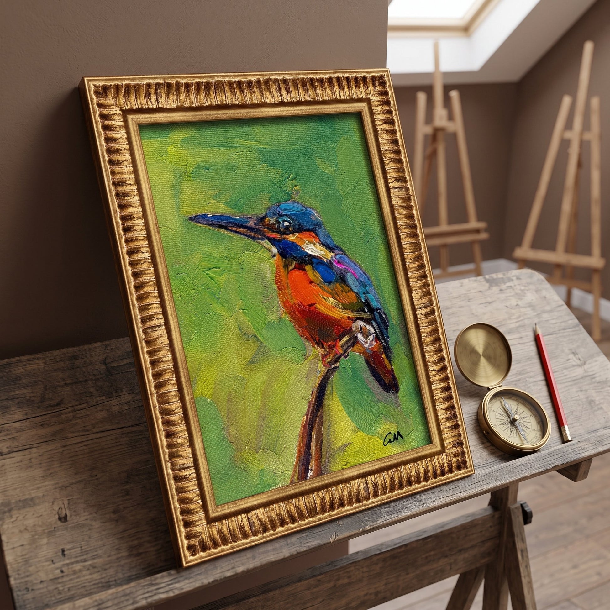 Rustic Farmhouse Studio — Vibrant kingfisher painting brings life and color to a creative workspace